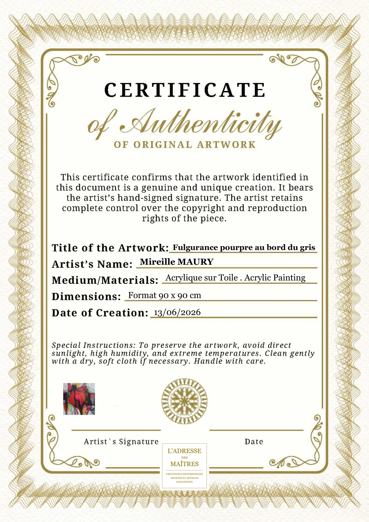 Certificat d'authenticité — Fulgurance pourpre au bord du gris — Mireille MAURY