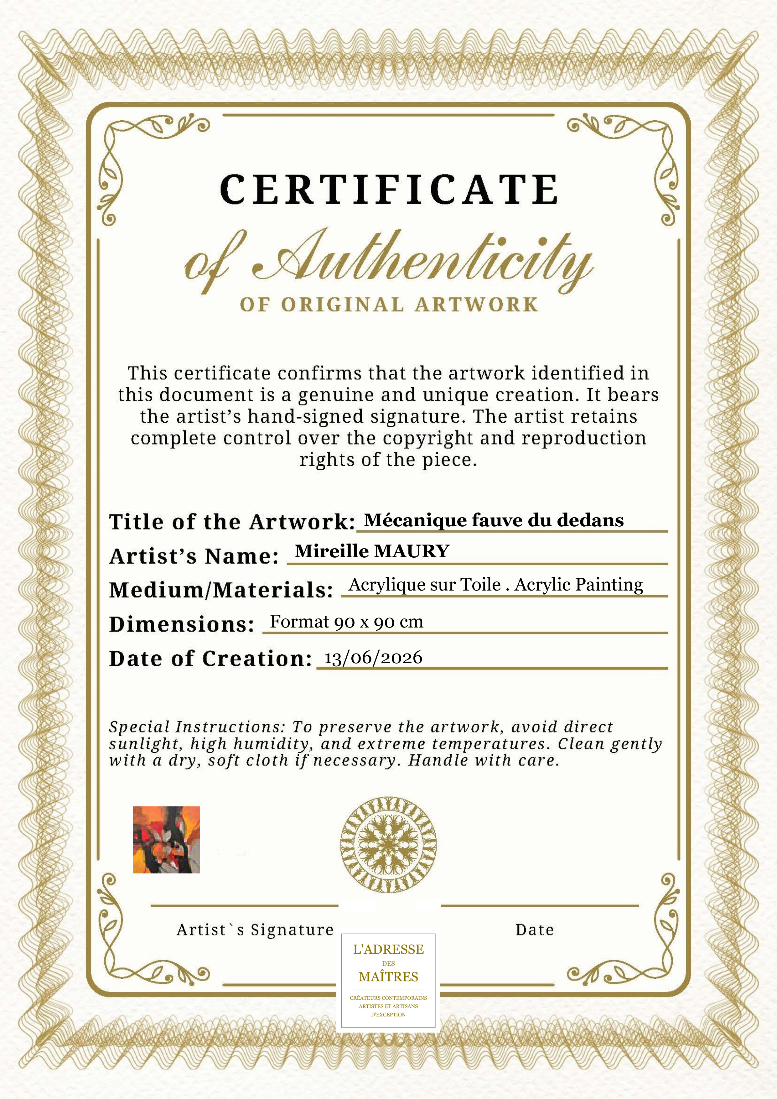 Certificat d'authenticité — Mécanique fauve du dedans — Mireille MAURY