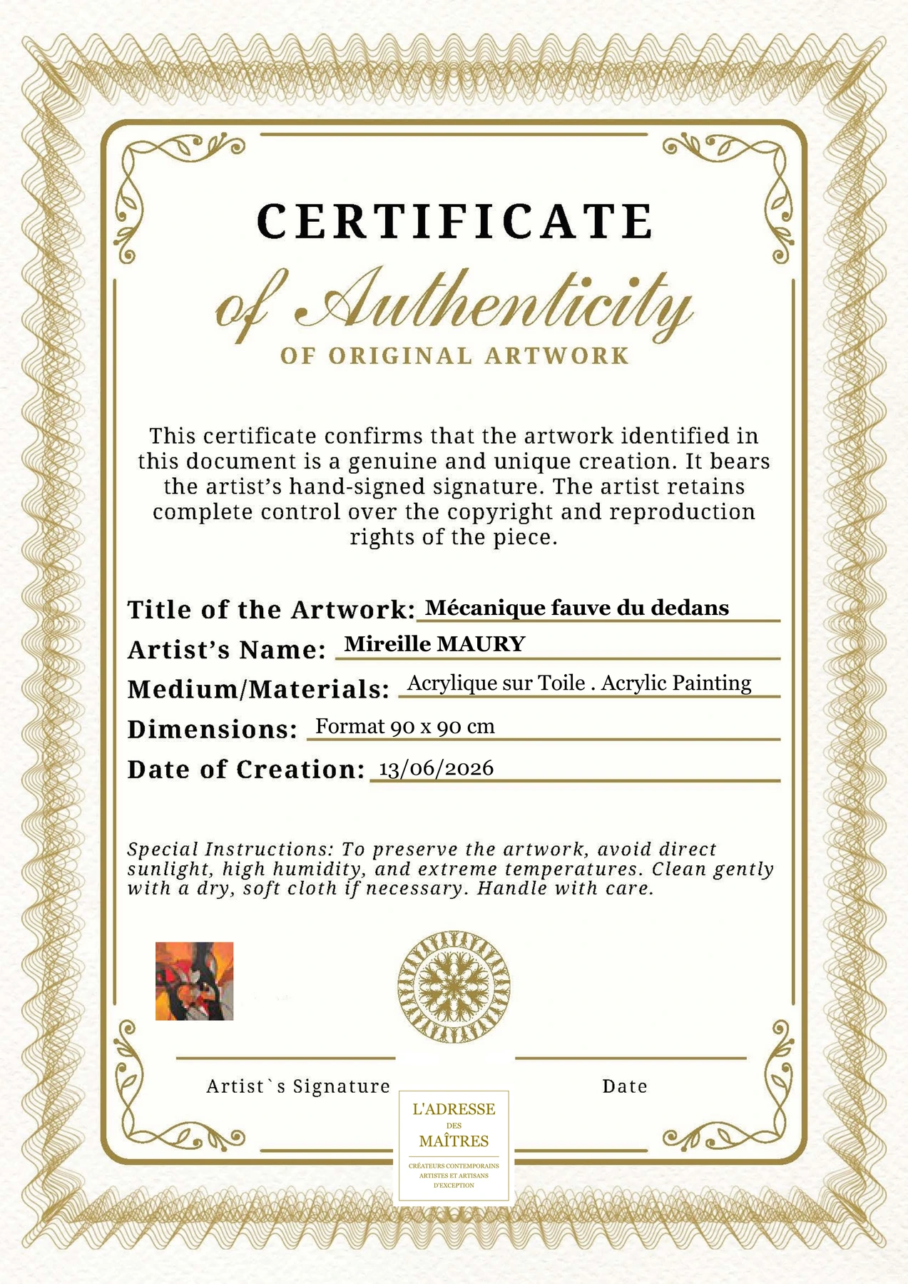Certificat d'authenticité — Mécanique fauve du dedans — Mireille MAURY