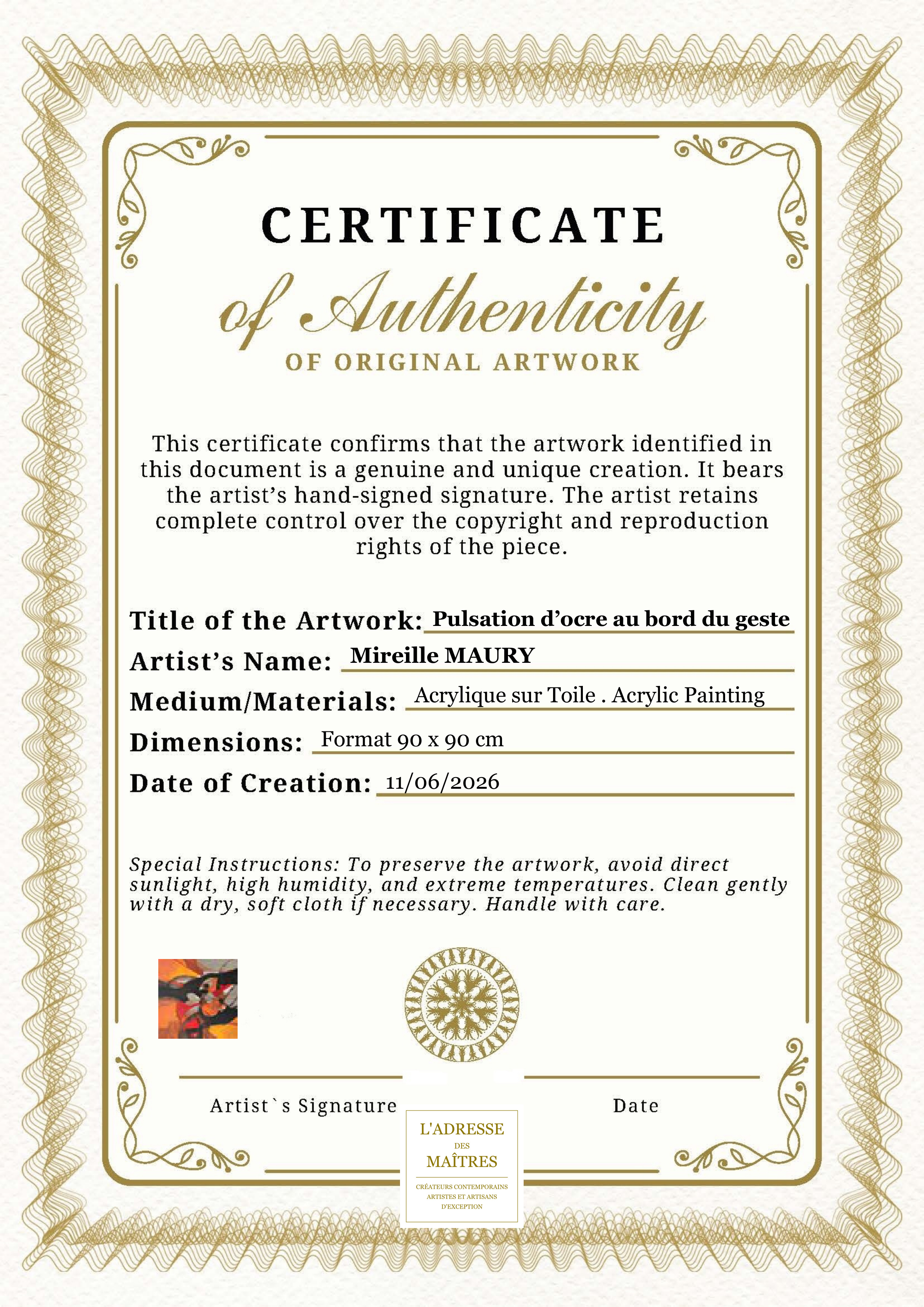 Certificat d'authenticité — Pulsation d’ocre au bord du geste — Mireille MAURY