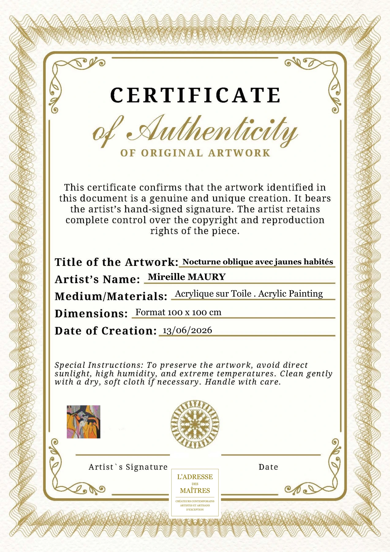 Certificat d'authenticité — Nocturne oblique avec jaunes habités — Mireille MAURY