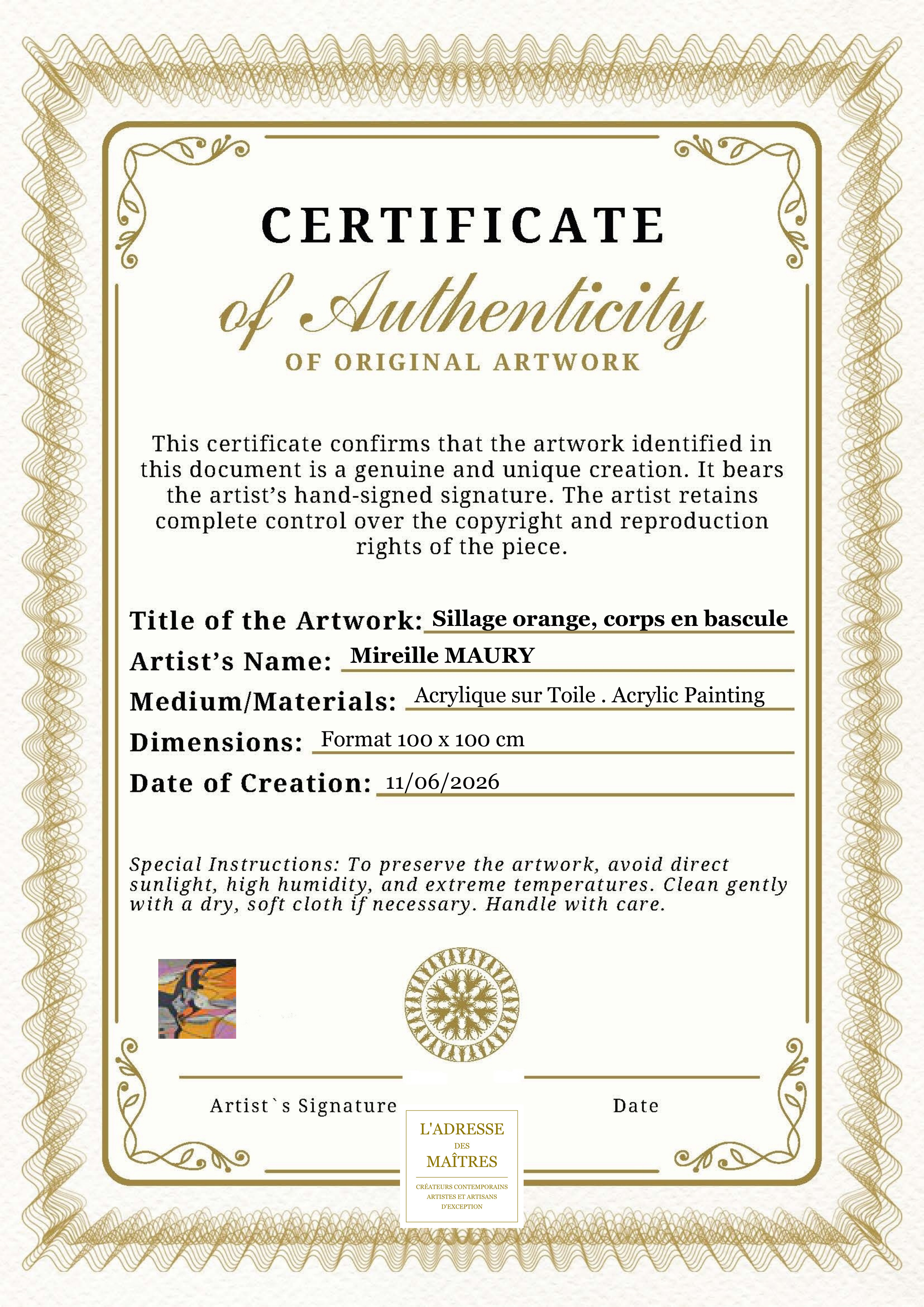 Certificat d'authenticité — Sillage orange, corps en bascule — Mireille MAURY