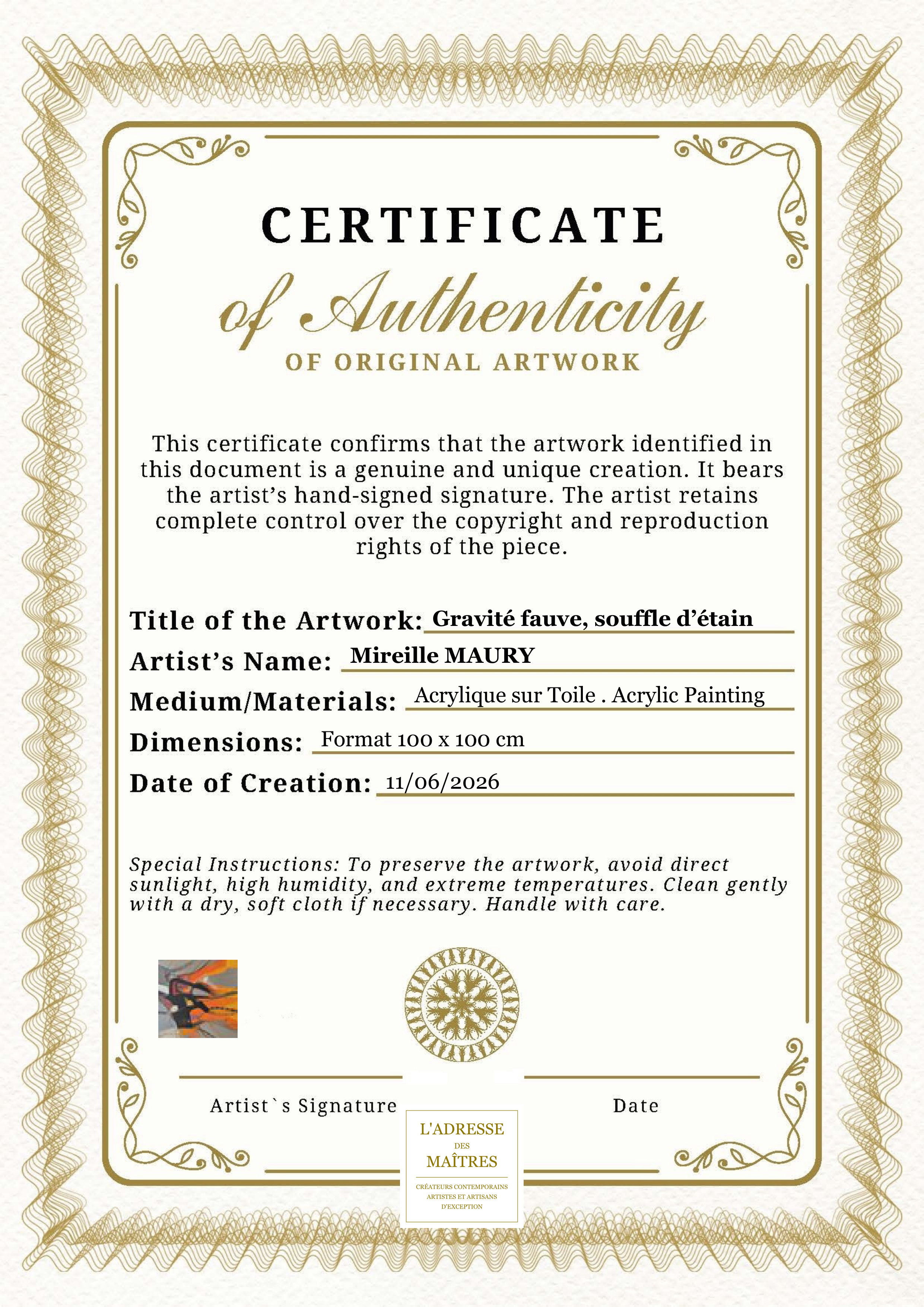 Certificat d'authenticité — Gravité fauve, souffle d’étain — Mireille MAURY