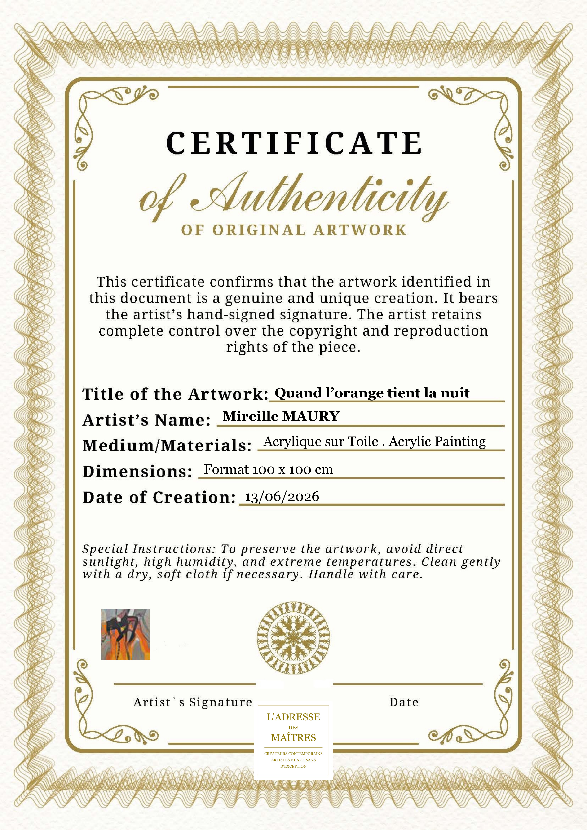 Certificat d'authenticité — Quand l’orange tient la nuit — Mireille MAURY