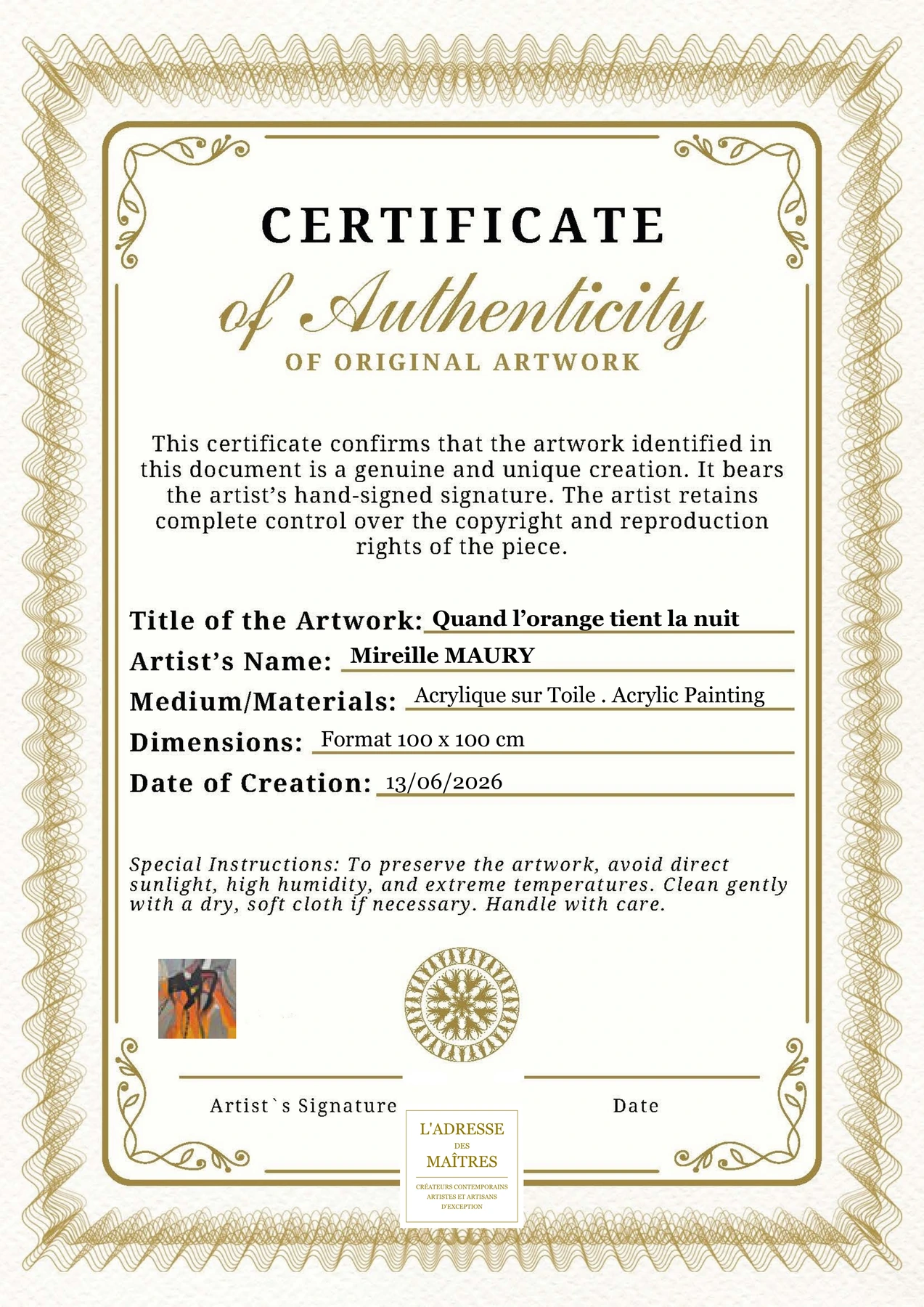Certificat d'authenticité — Quand l’orange tient la nuit — Mireille MAURY