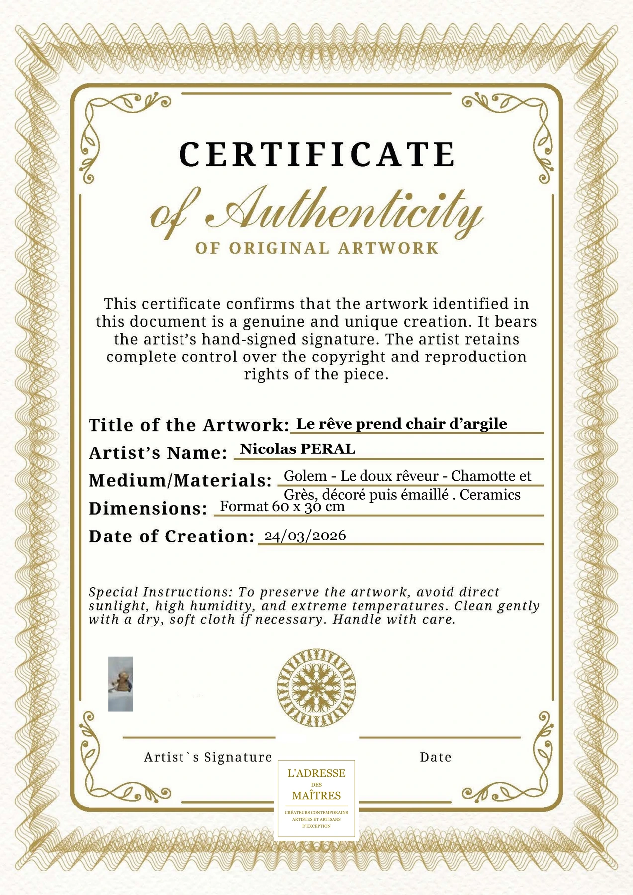 Certificat d'authenticité - Le rêve prend chair d’argile - Nicolas PERAL