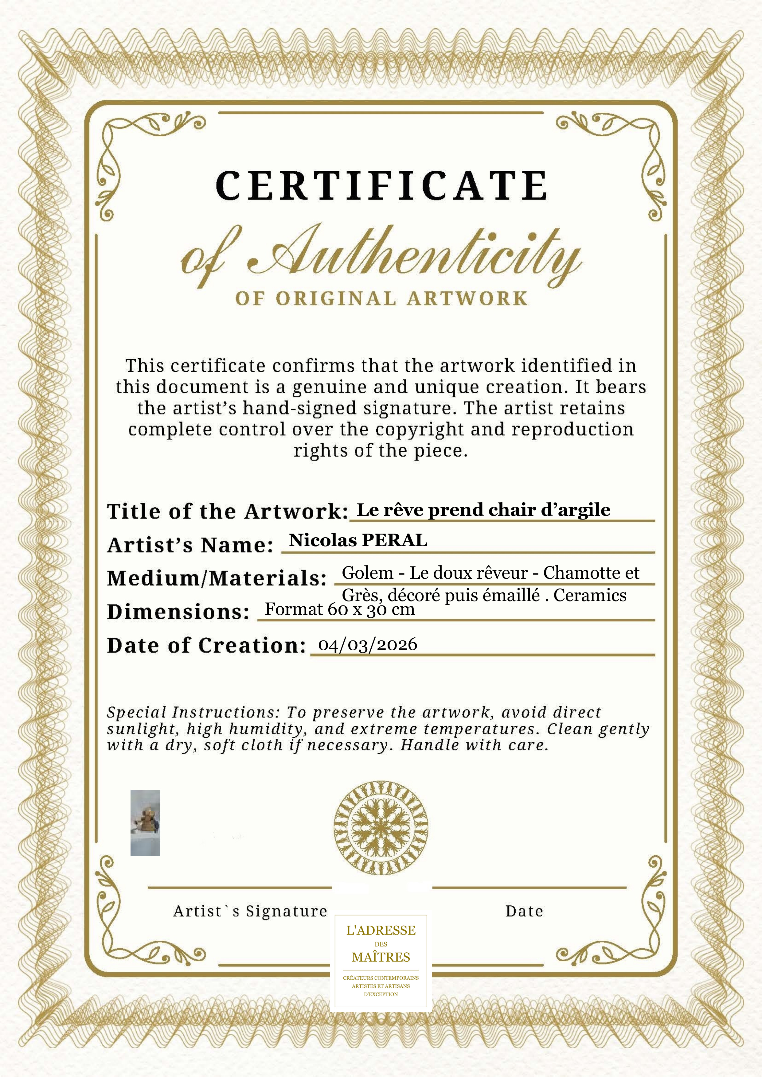 Certificat d'authenticité — Le rêve prend chair d’argile — Nicolas PERAL