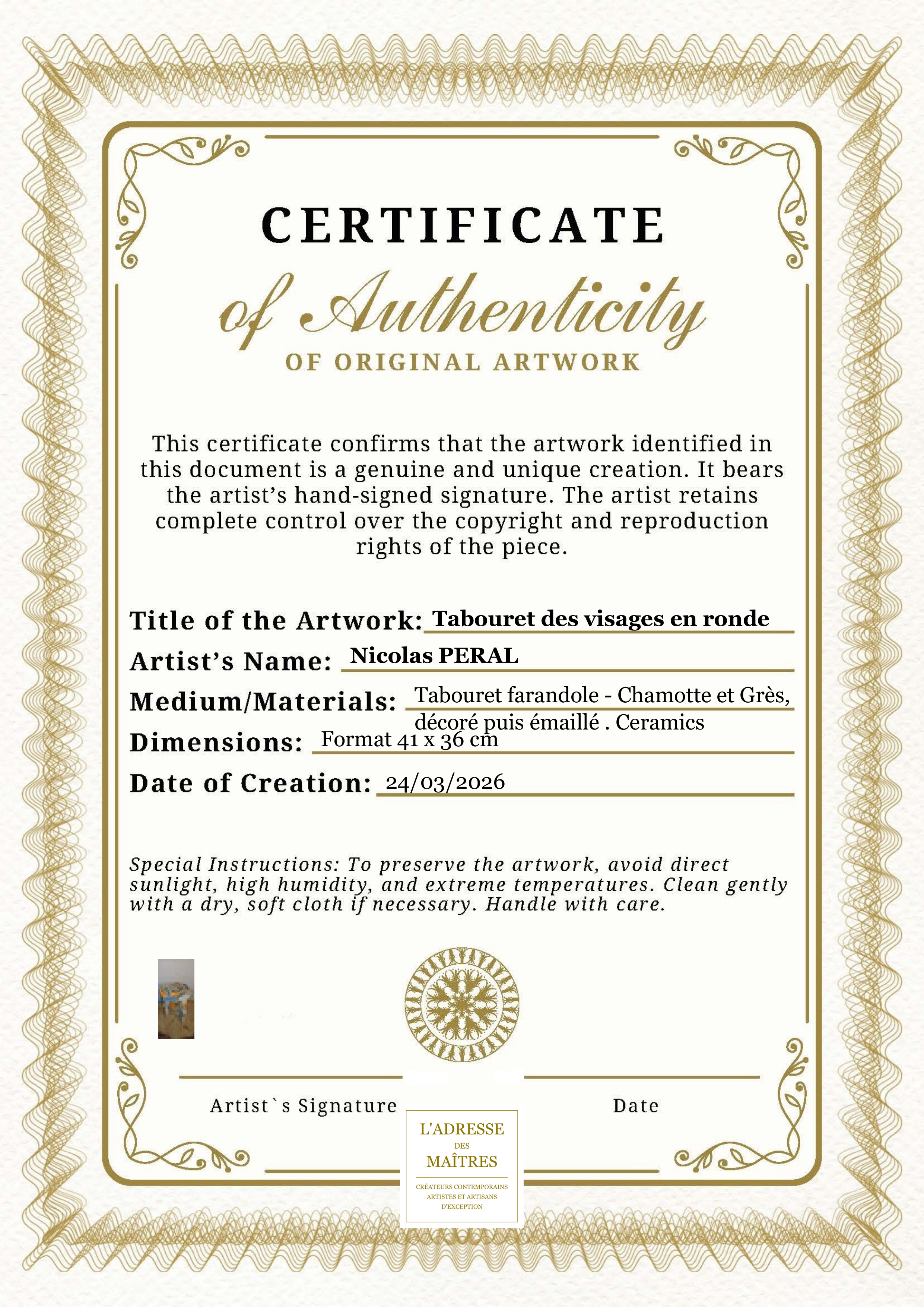 Certificat d'authenticité — Tabouret des visages en ronde — Nicolas PERAL