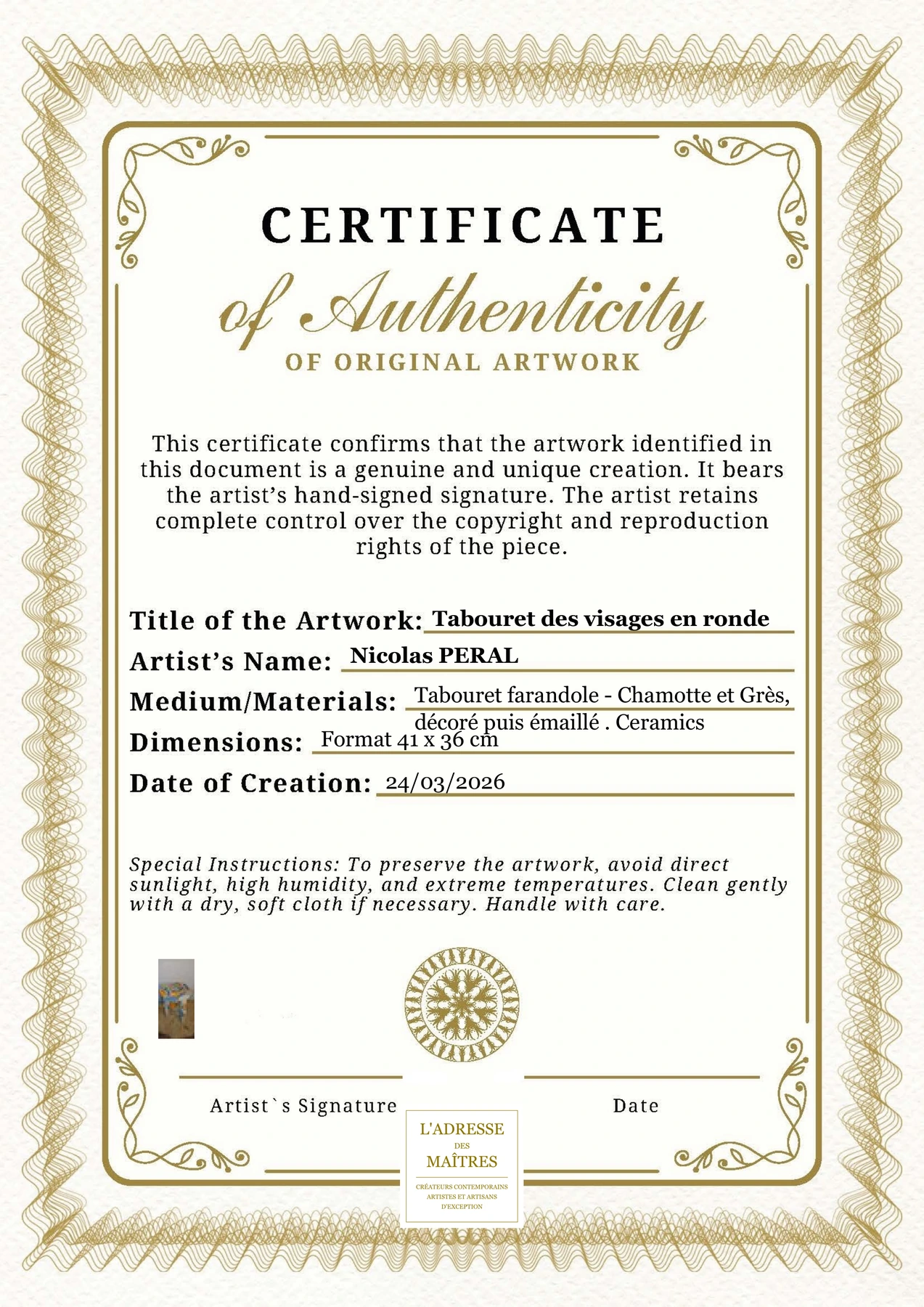 Certificat d'authenticité - Tabouret des visages en ronde - Nicolas PERAL
