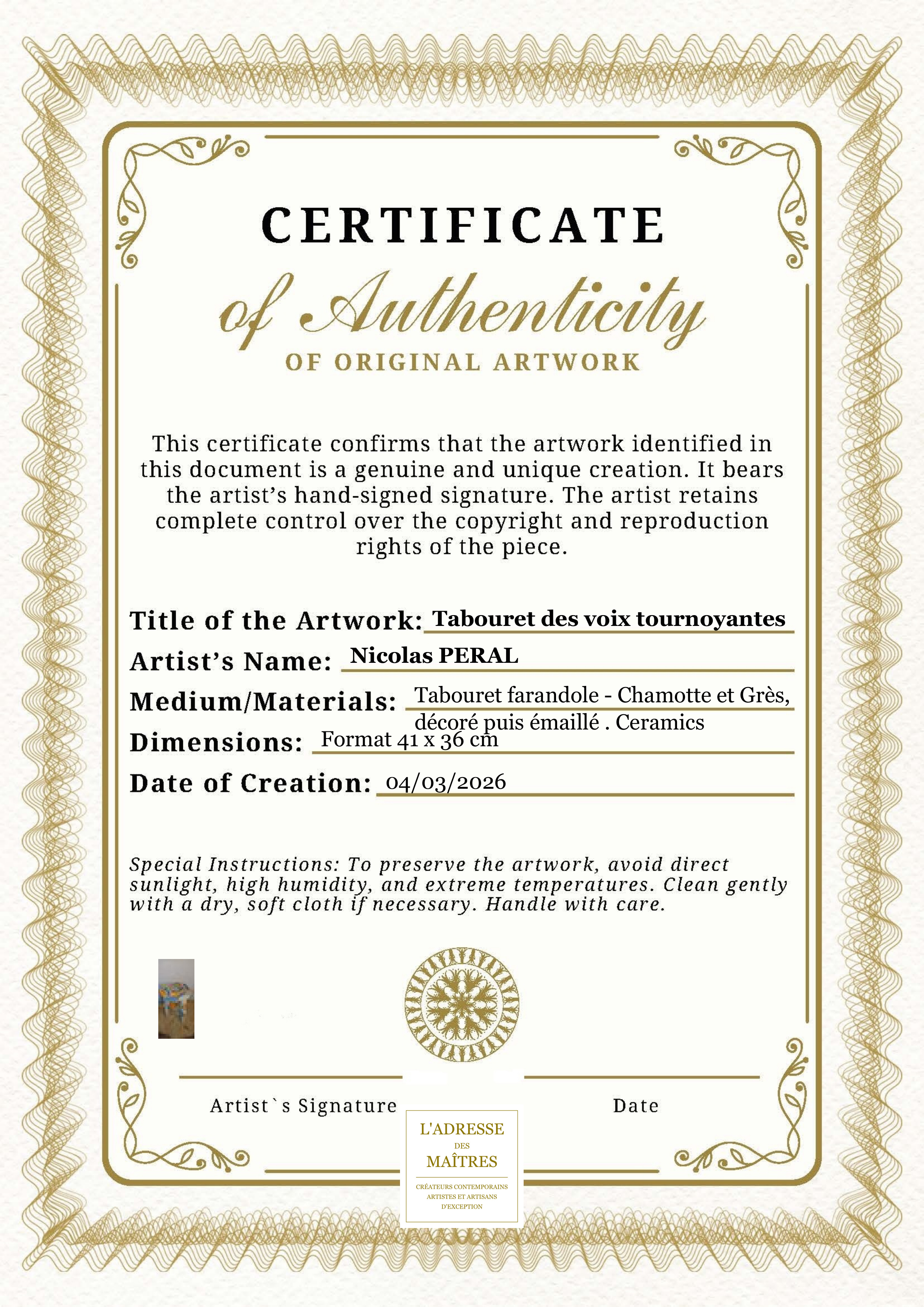 Certificat d'authenticité — Tabouret des voix tournoyantes — Nicolas PERAL
