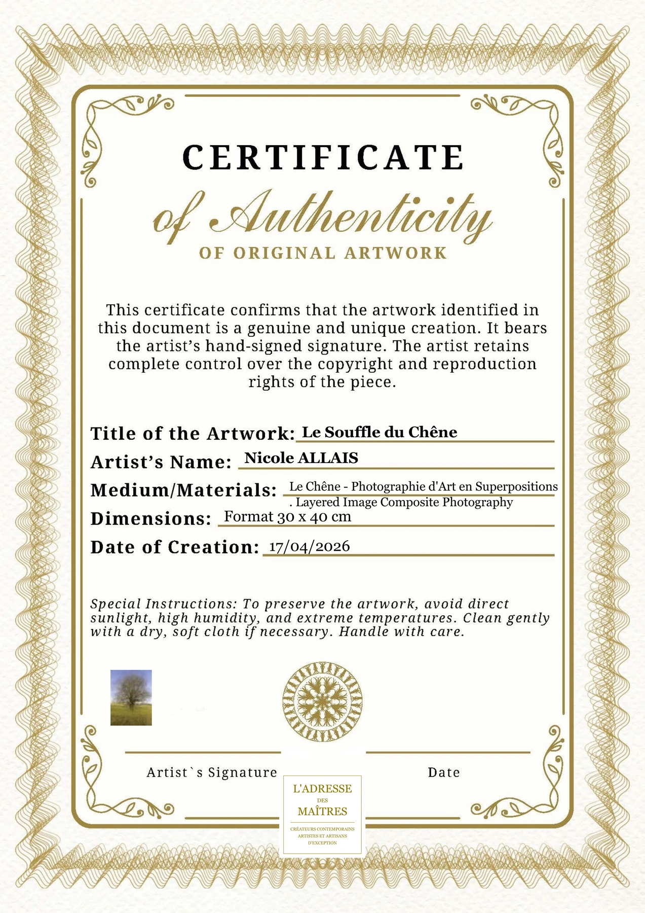 Certificat d'authenticité - Le Souffle du Chêne - Nicole ALLAIS