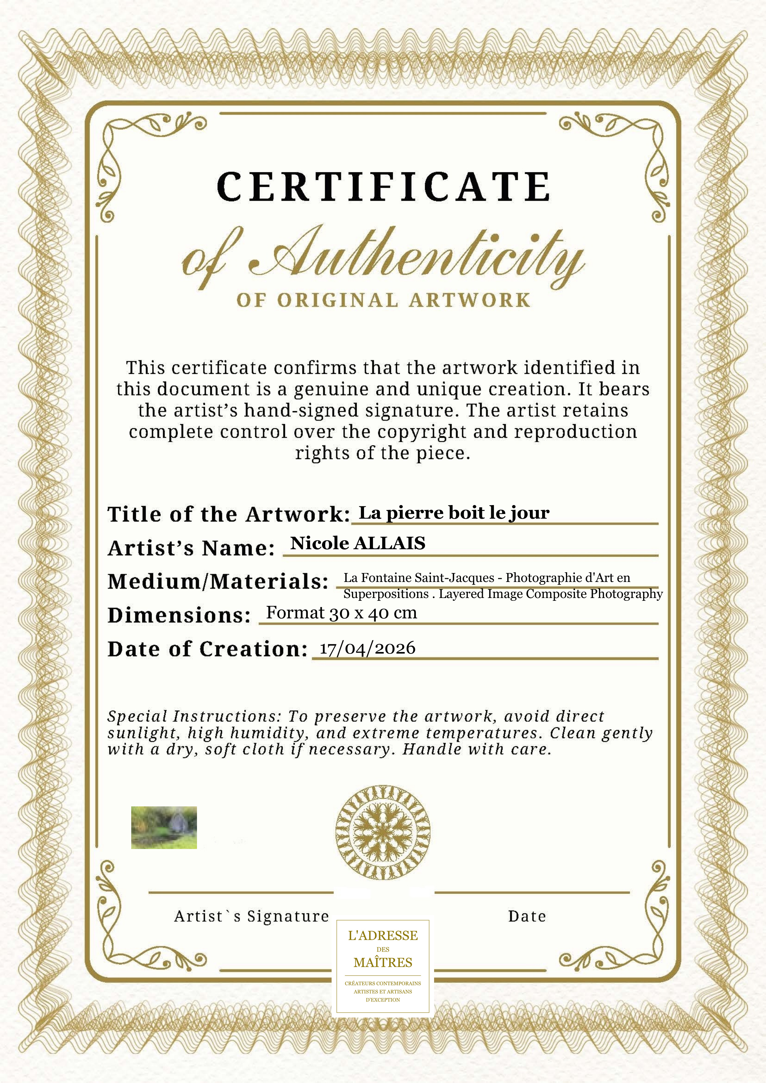 Certificat d'authenticité — La pierre boit le jour — Nicole ALLAIS
