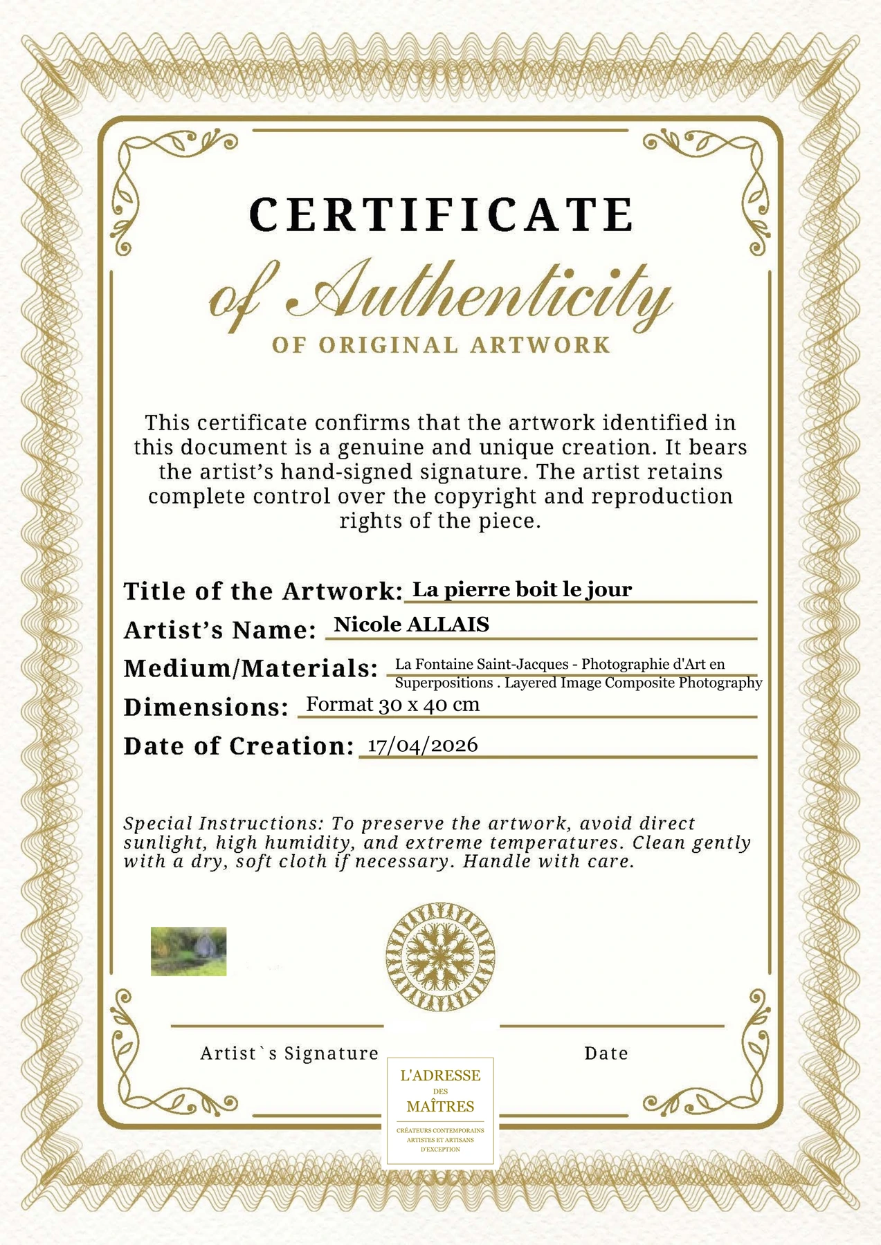 Certificat d'authenticité — La pierre boit le jour — Nicole ALLAIS