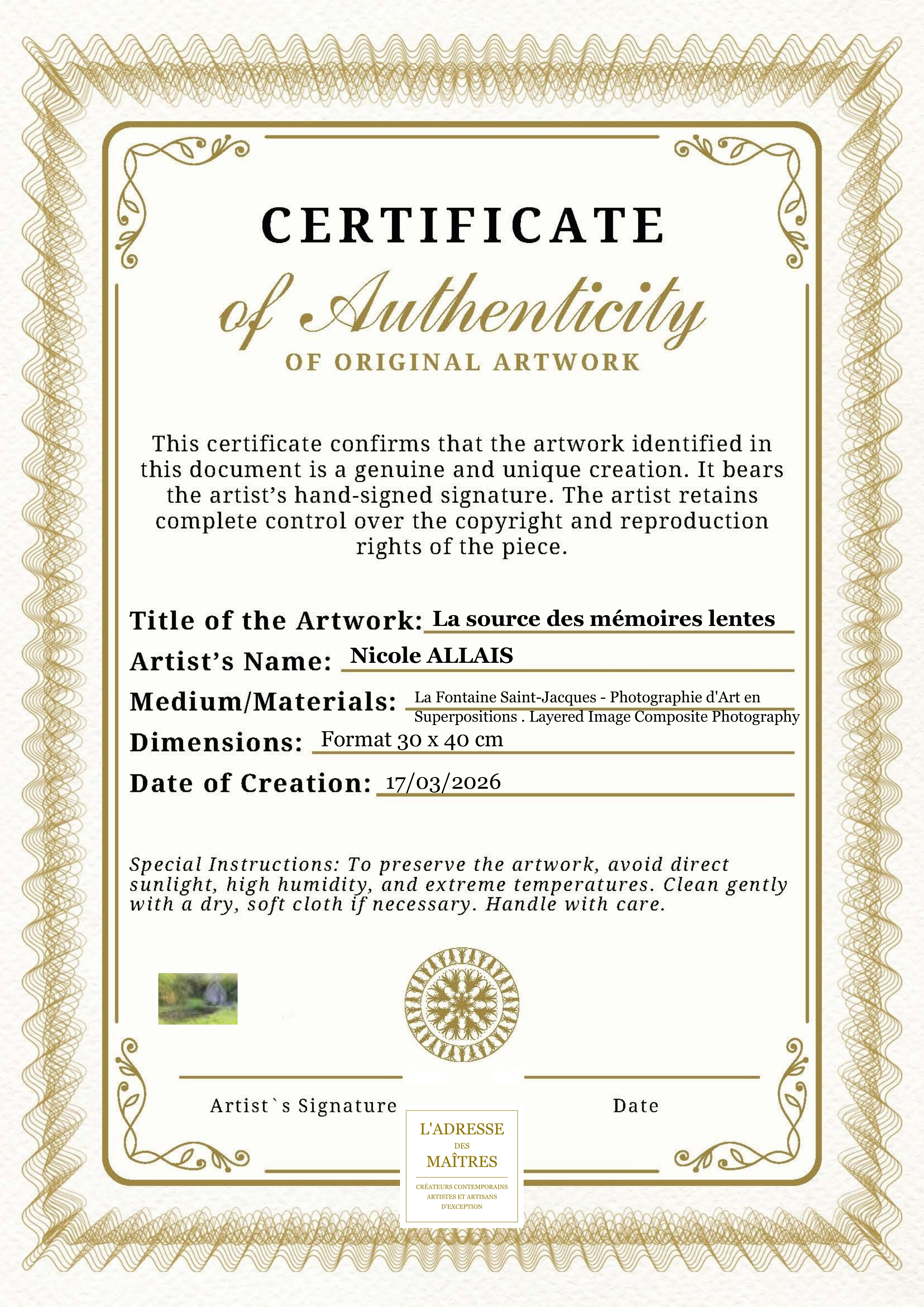 Certificat d'authenticité — La source des mémoires lentes — Nicole ALLAIS