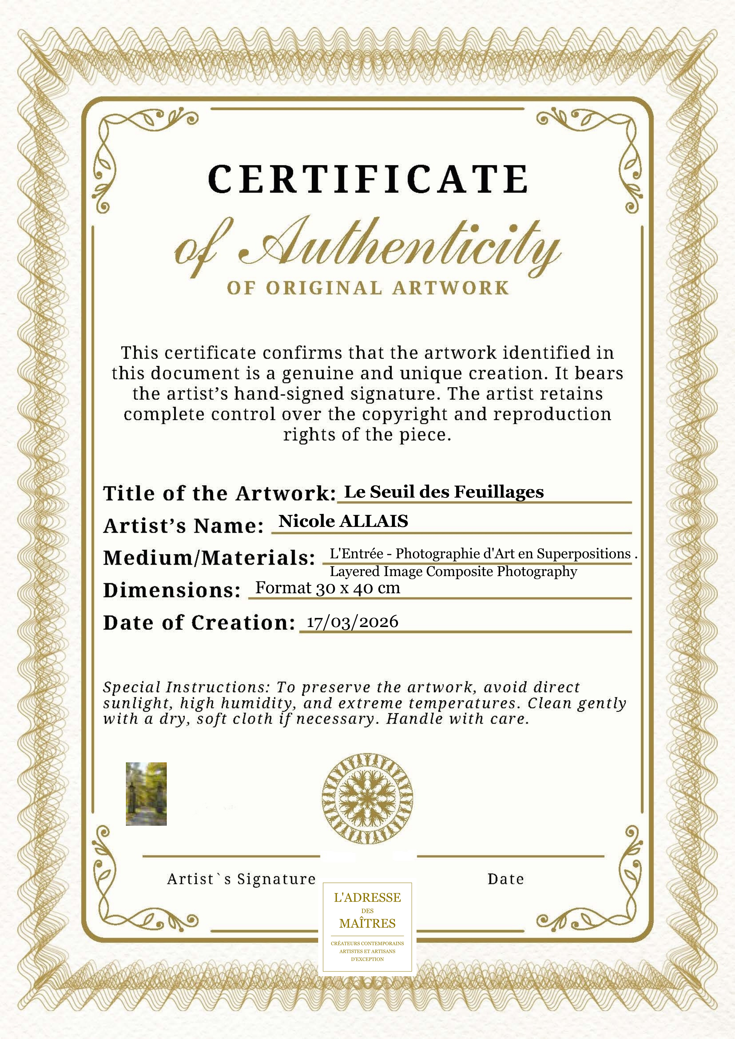 Certificat d'authenticité — Le Seuil des Feuillages — Nicole ALLAIS
