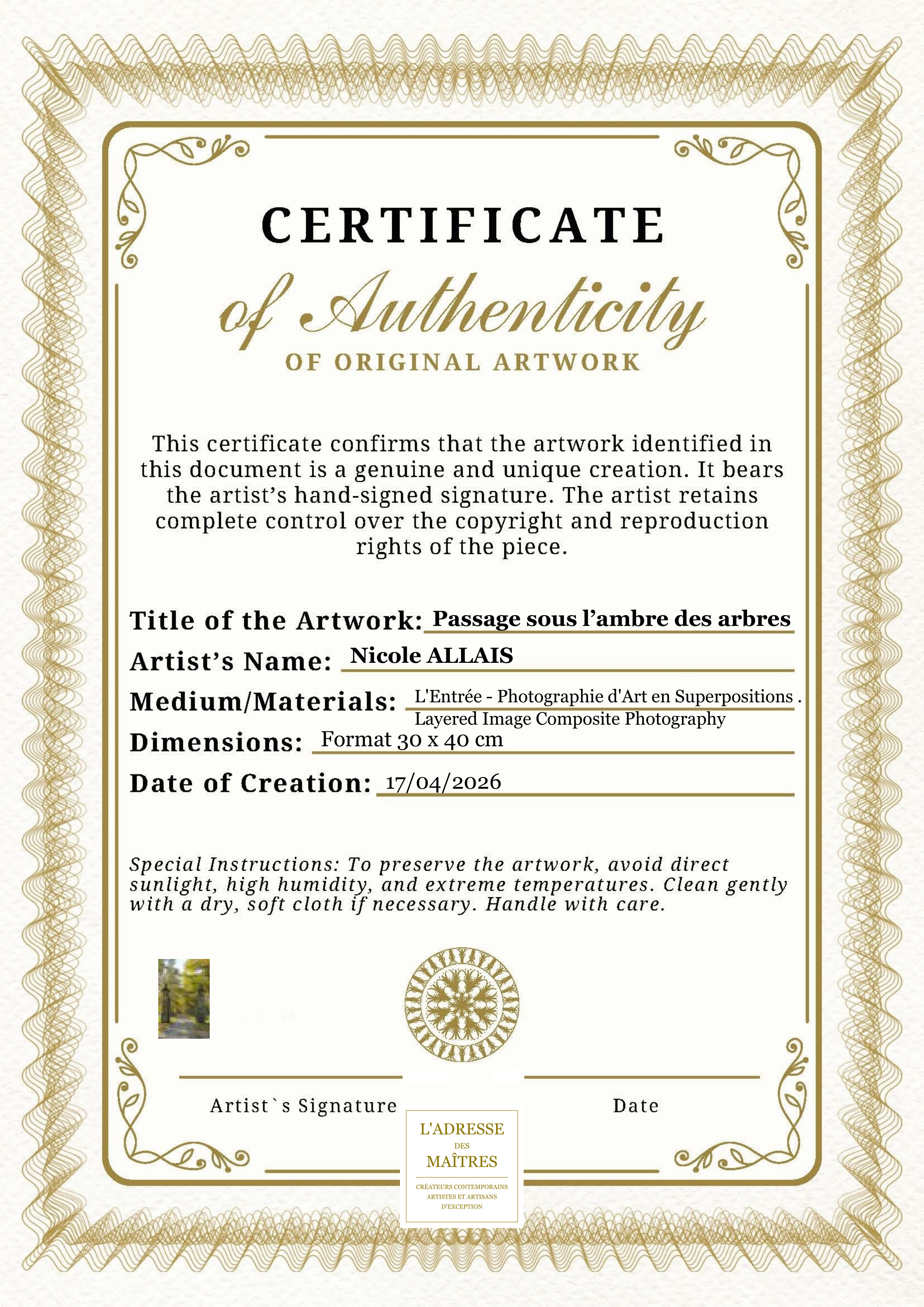 Certificat d'authenticité — Passage sous l’ambre des arbres — Nicole ALLAIS