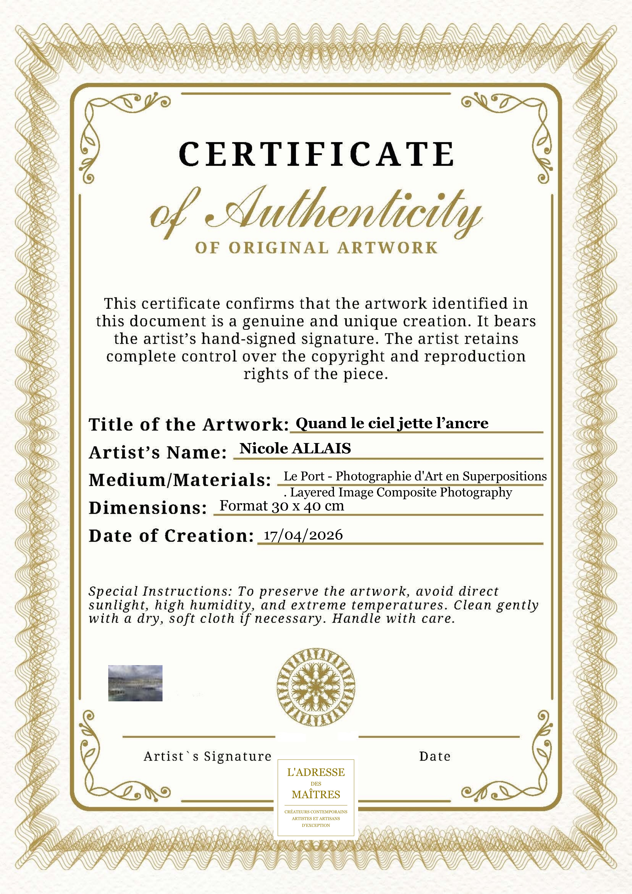 Certificat d'authenticité — Quand le ciel jette l’ancre — Nicole ALLAIS