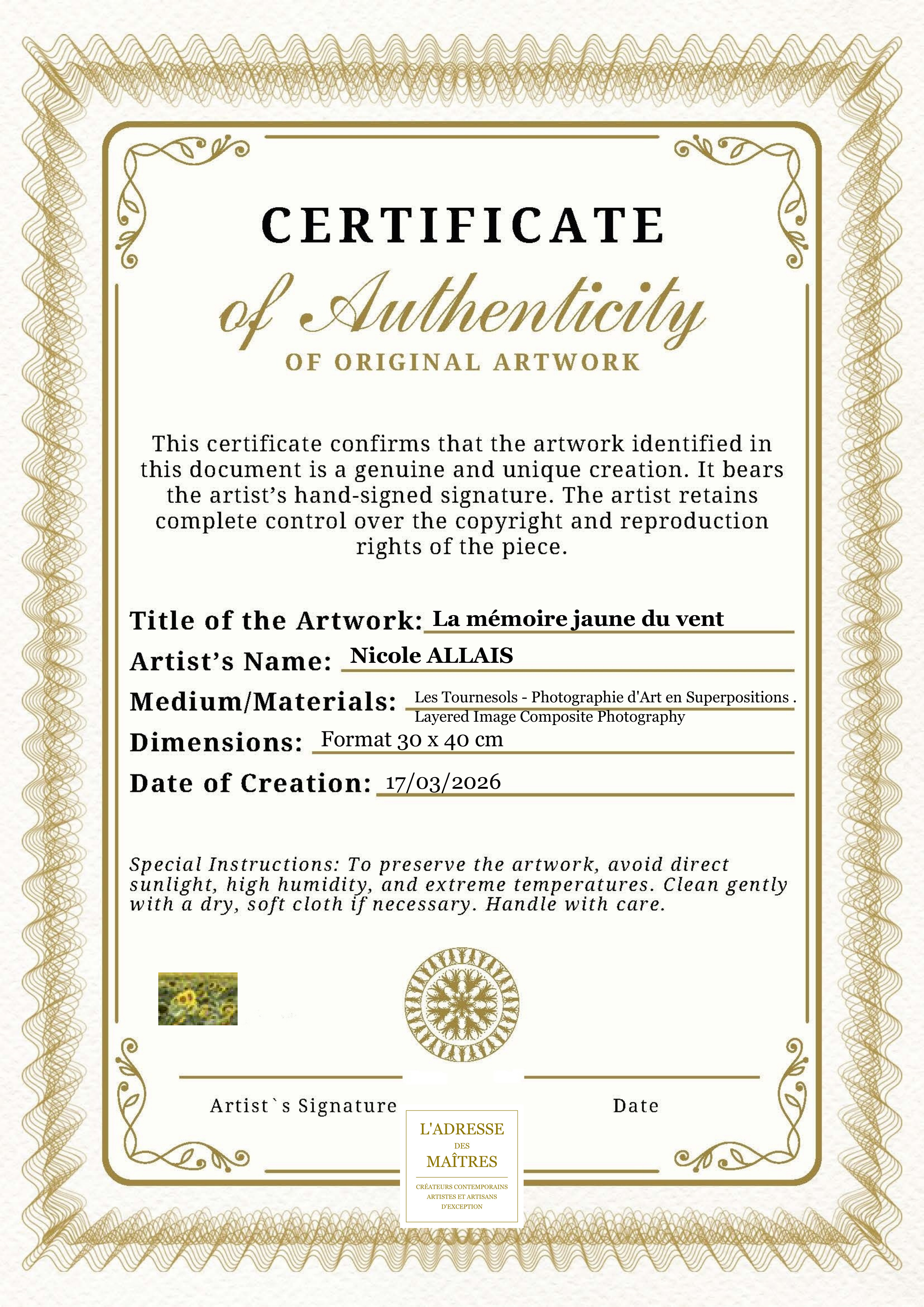 Certificat d'authenticité — La mémoire jaune du vent — Nicole ALLAIS