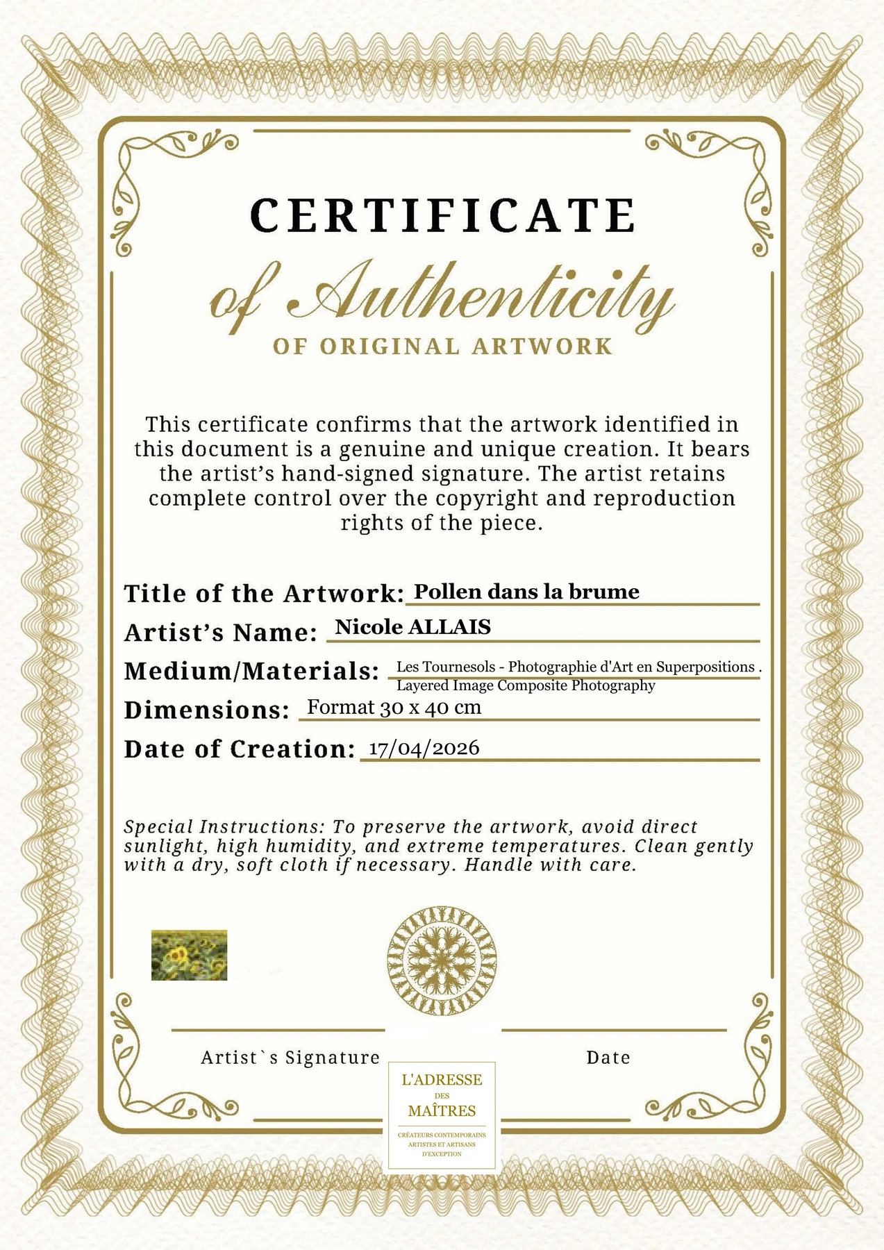 Certificat d'authenticité — Pollen dans la brume — Nicole ALLAIS