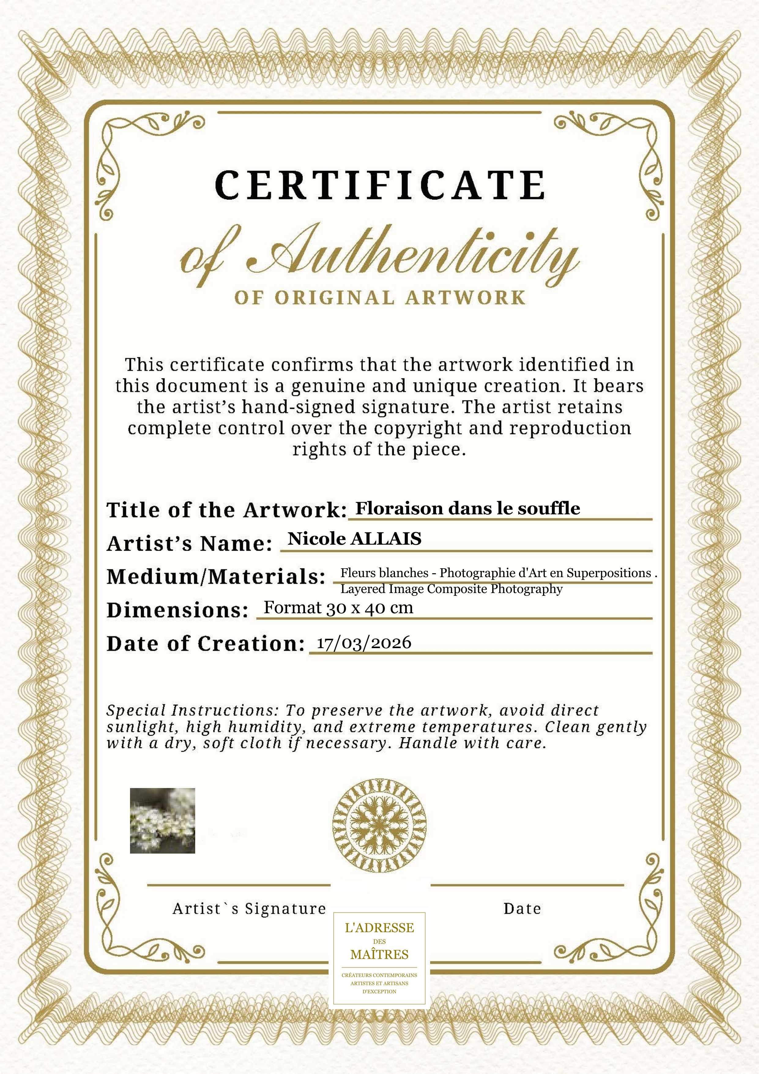Certificat d'authenticité — Floraison dans le souffle — Nicole ALLAIS