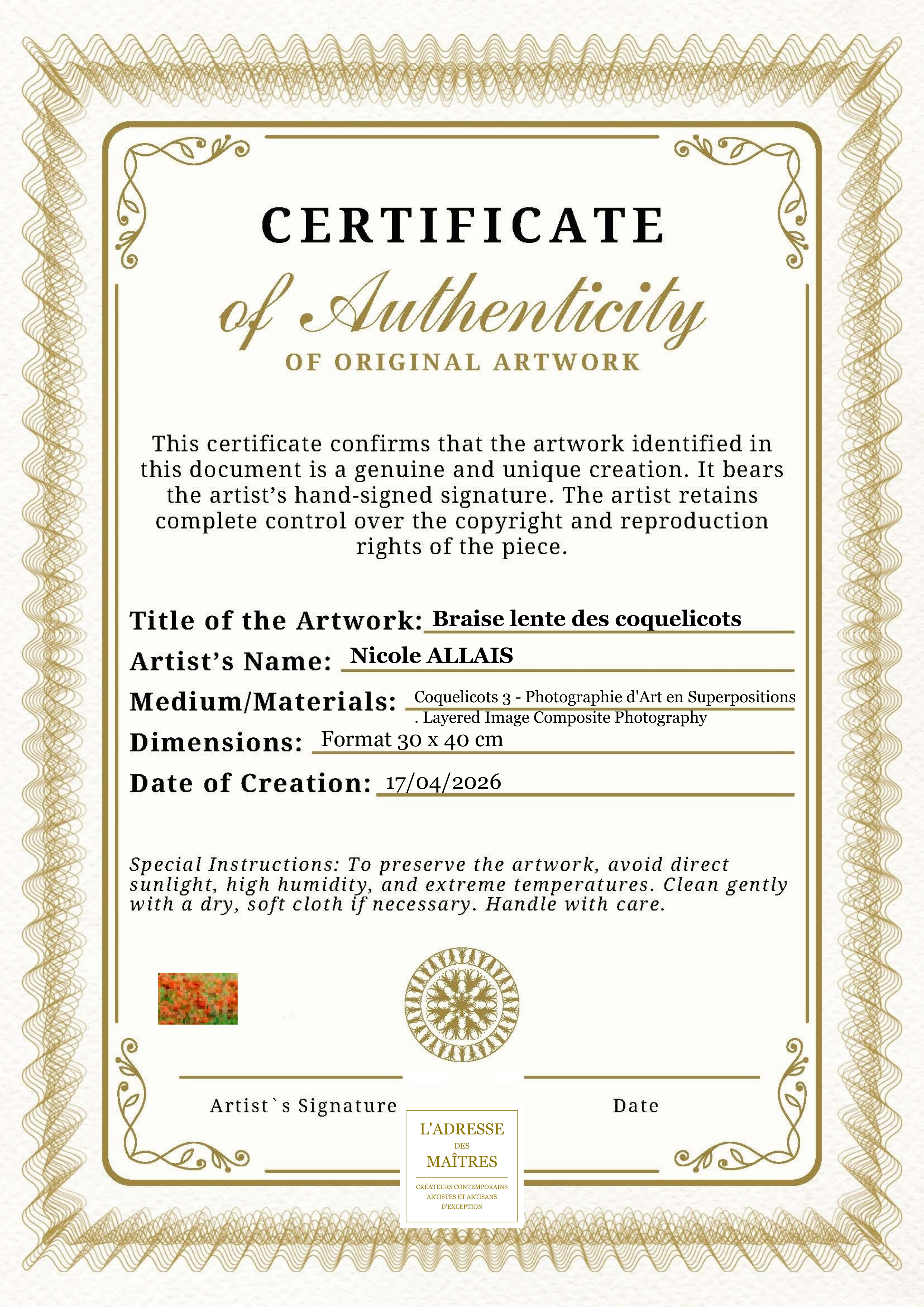 Certificat d'authenticité — Braise lente des coquelicots — Nicole ALLAIS