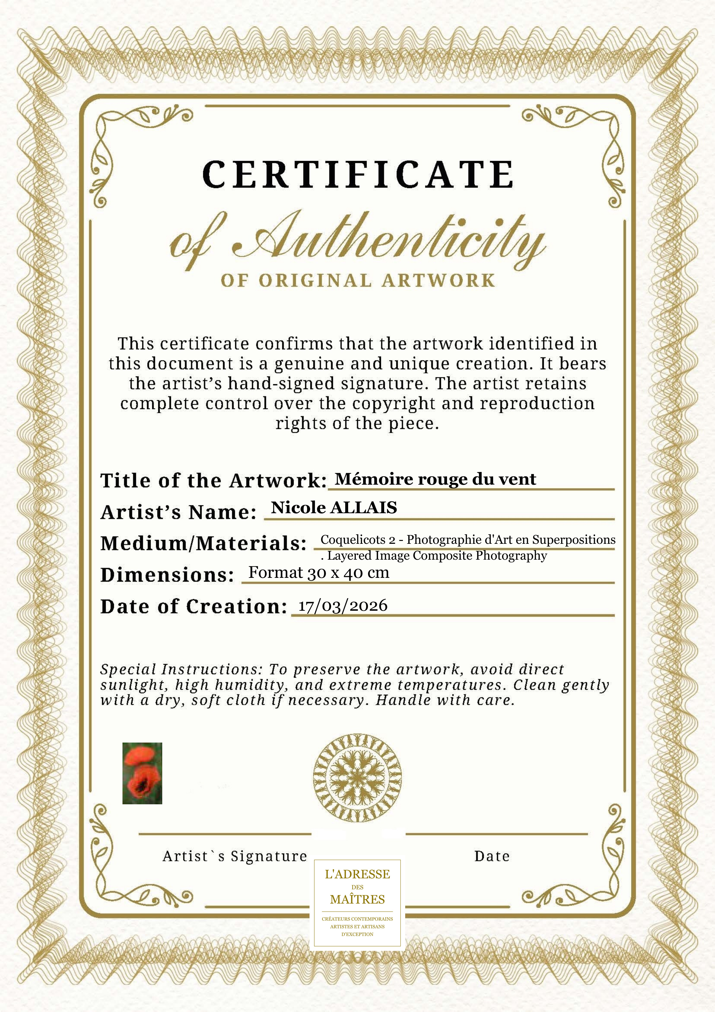 Certificat d'authenticité — Mémoire rouge du vent — Nicole ALLAIS