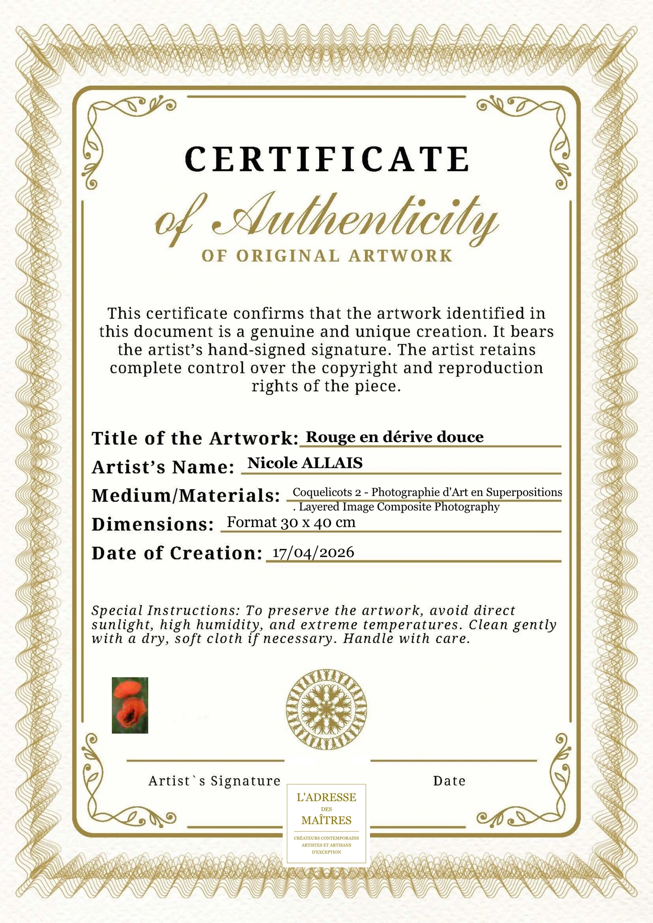 Certificat d'authenticité — Rouge en dérive douce — Nicole ALLAIS
