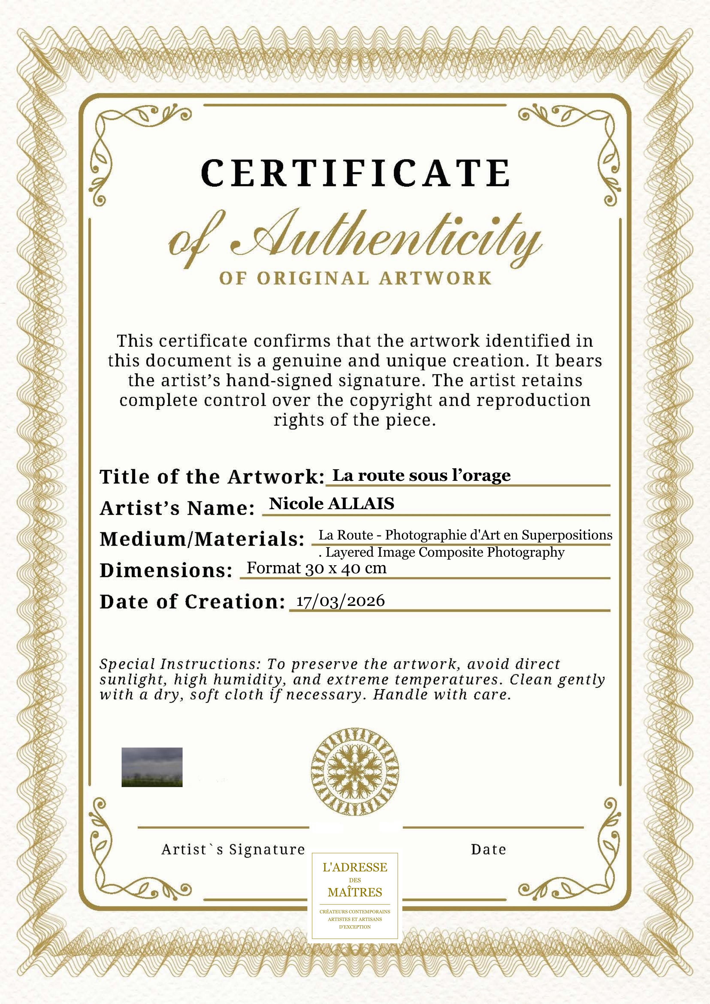 Certificat d'authenticité — La route sous l’orage — Nicole ALLAIS