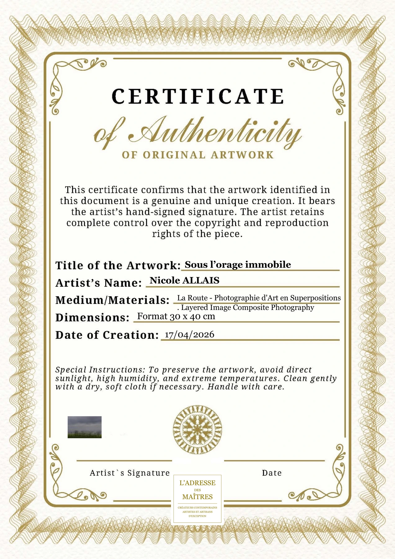 Certificat d'authenticité — Sous l’orage immobile — Nicole ALLAIS