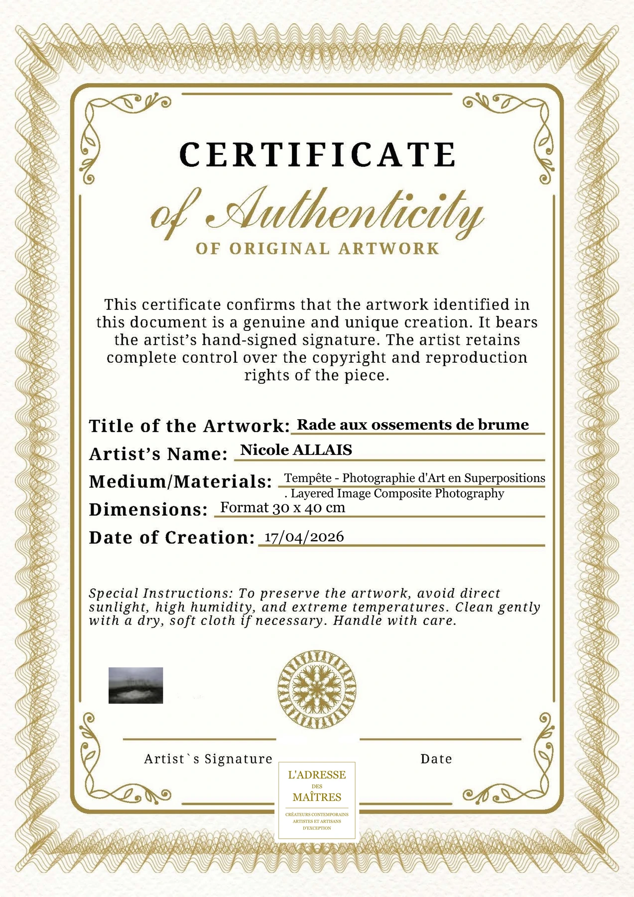 Certificat d'authenticité — Rade aux ossements de brume — Nicole ALLAIS