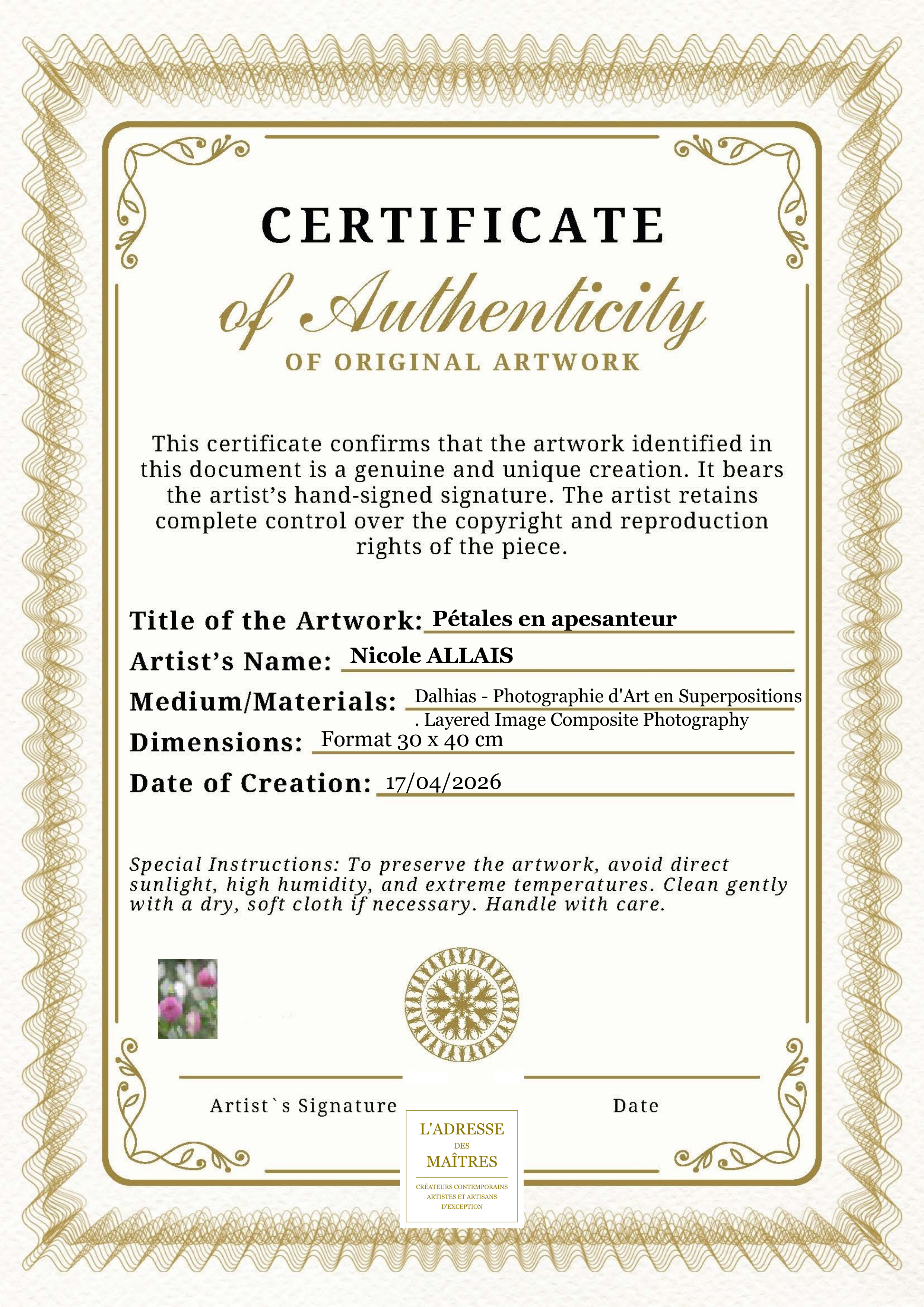 Certificat d'authenticité — Pétales en apesanteur — Nicole ALLAIS