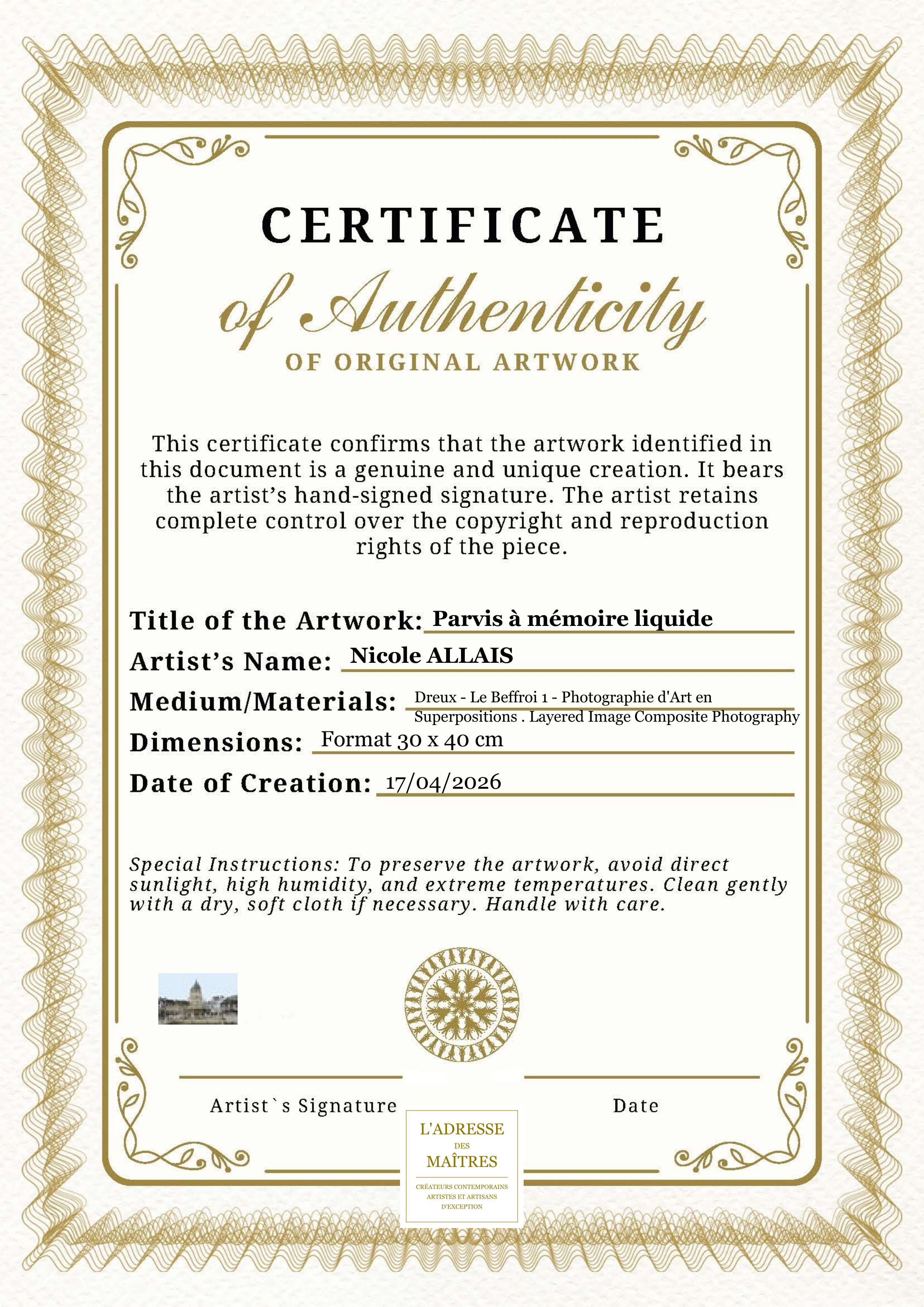 Certificat d'authenticité — Parvis à mémoire liquide — Nicole ALLAIS