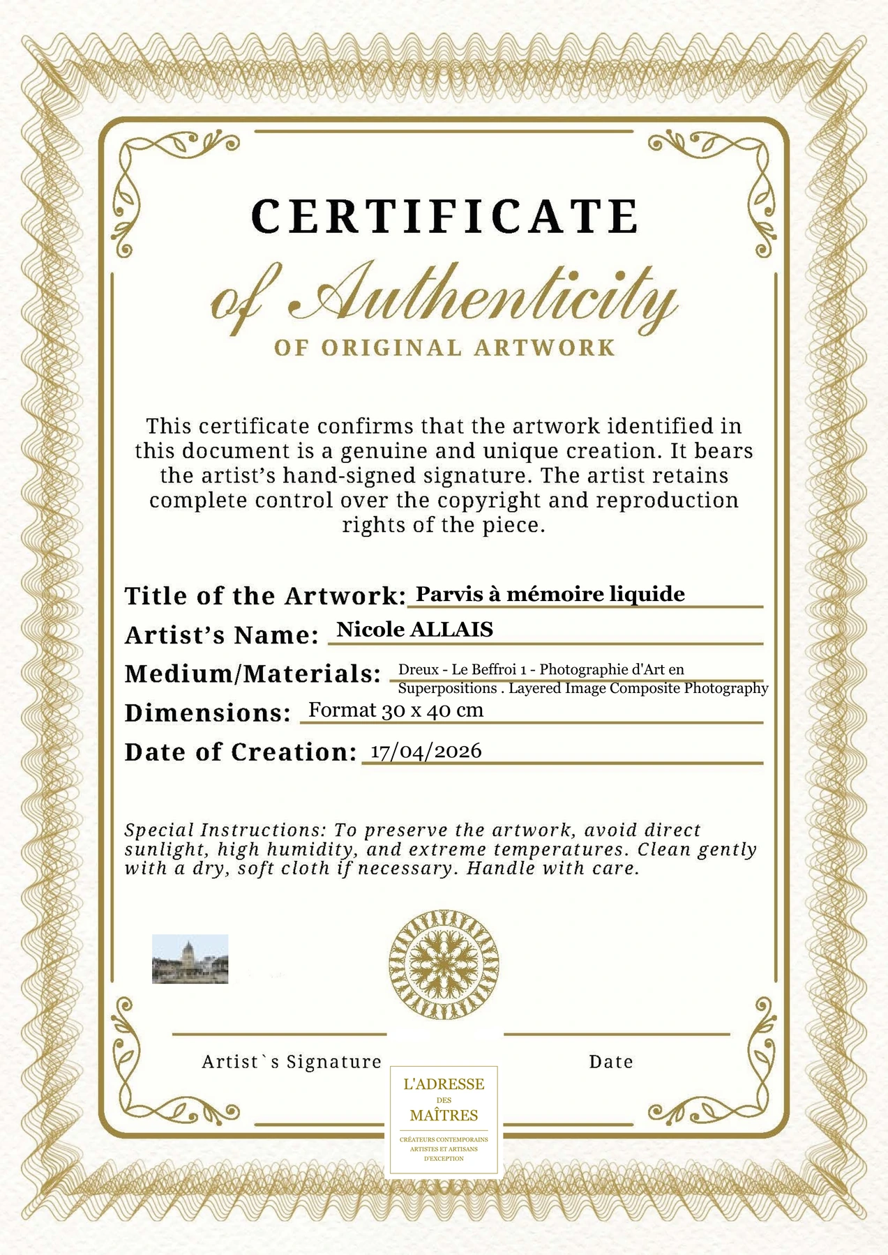 Certificat d'authenticité — Parvis à mémoire liquide — Nicole ALLAIS
