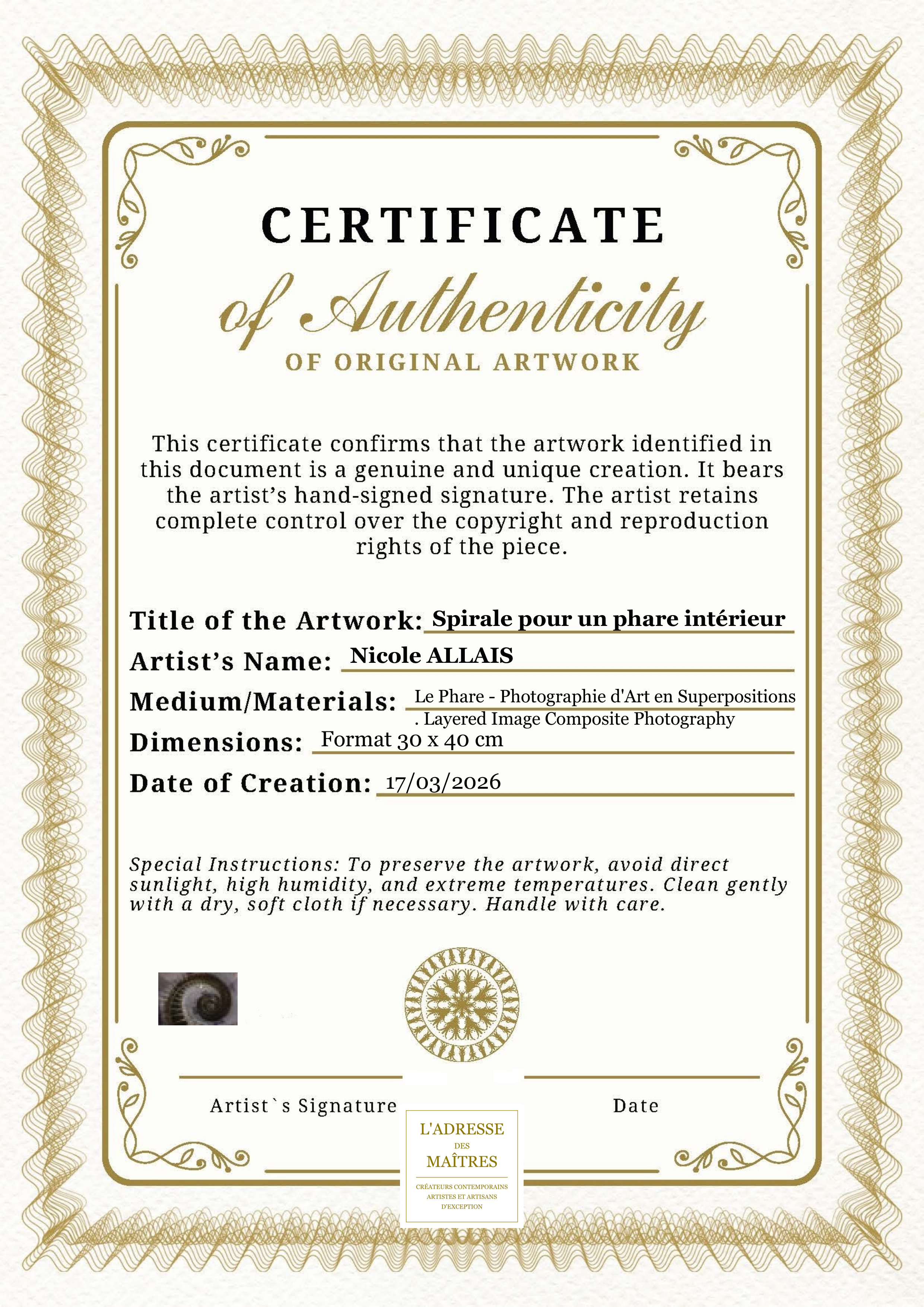 Certificat d'authenticité — Spirale pour un phare intérieur — Nicole ALLAIS