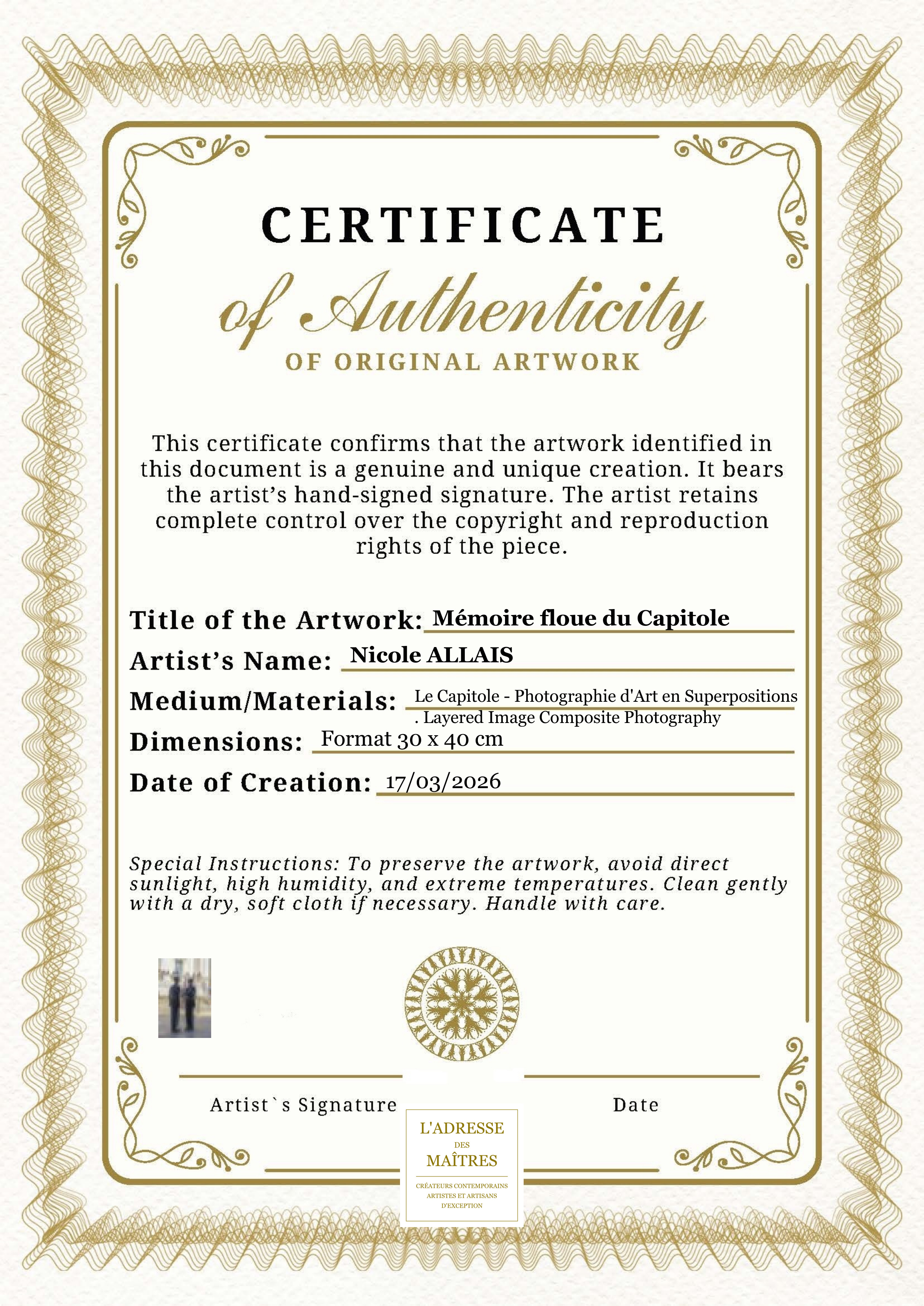 Certificat d'authenticité — Mémoire floue du Capitole — Nicole ALLAIS