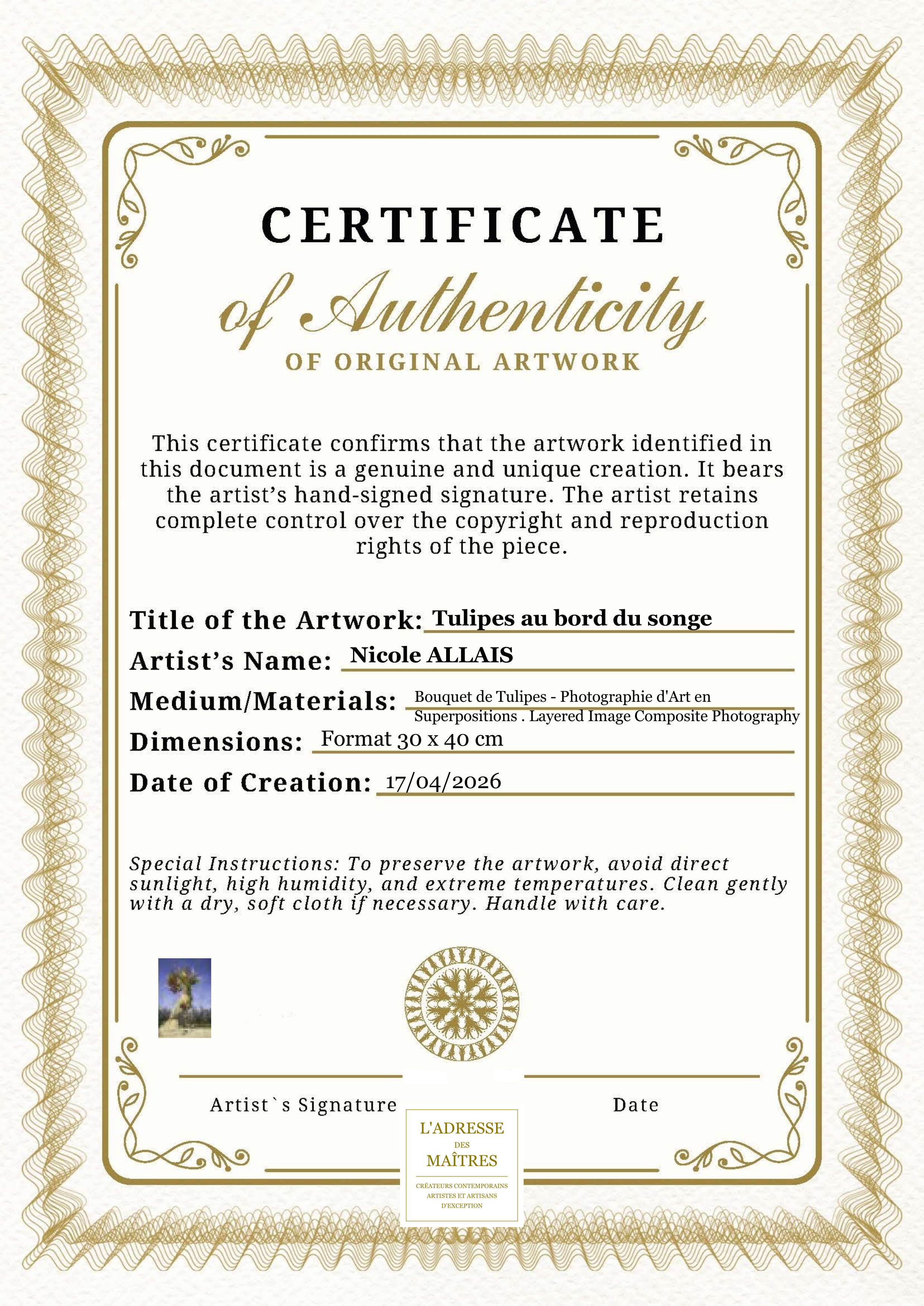 Certificat d'authenticité — Tulipes au bord du songe — Nicole ALLAIS