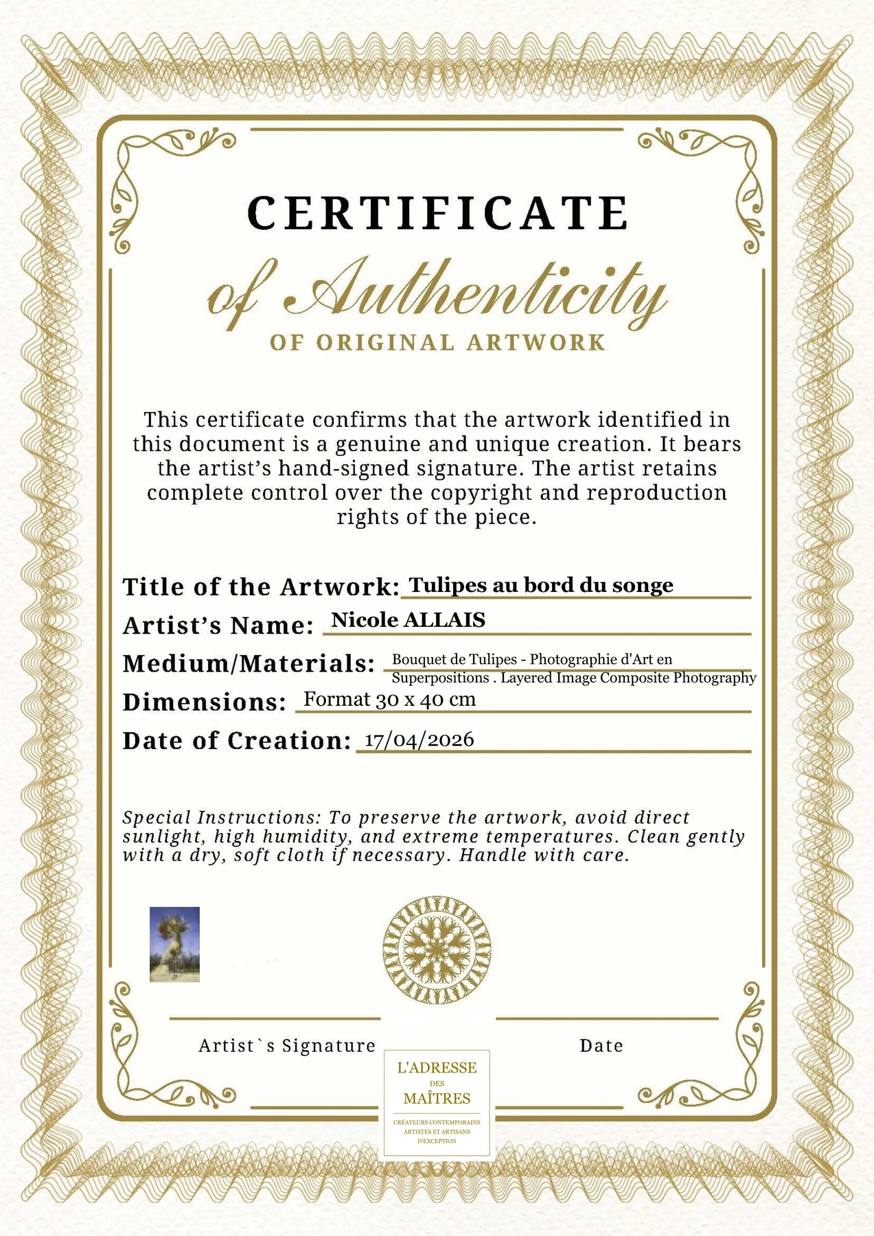 Certificat d'authenticité — Tulipes au bord du songe — Nicole ALLAIS