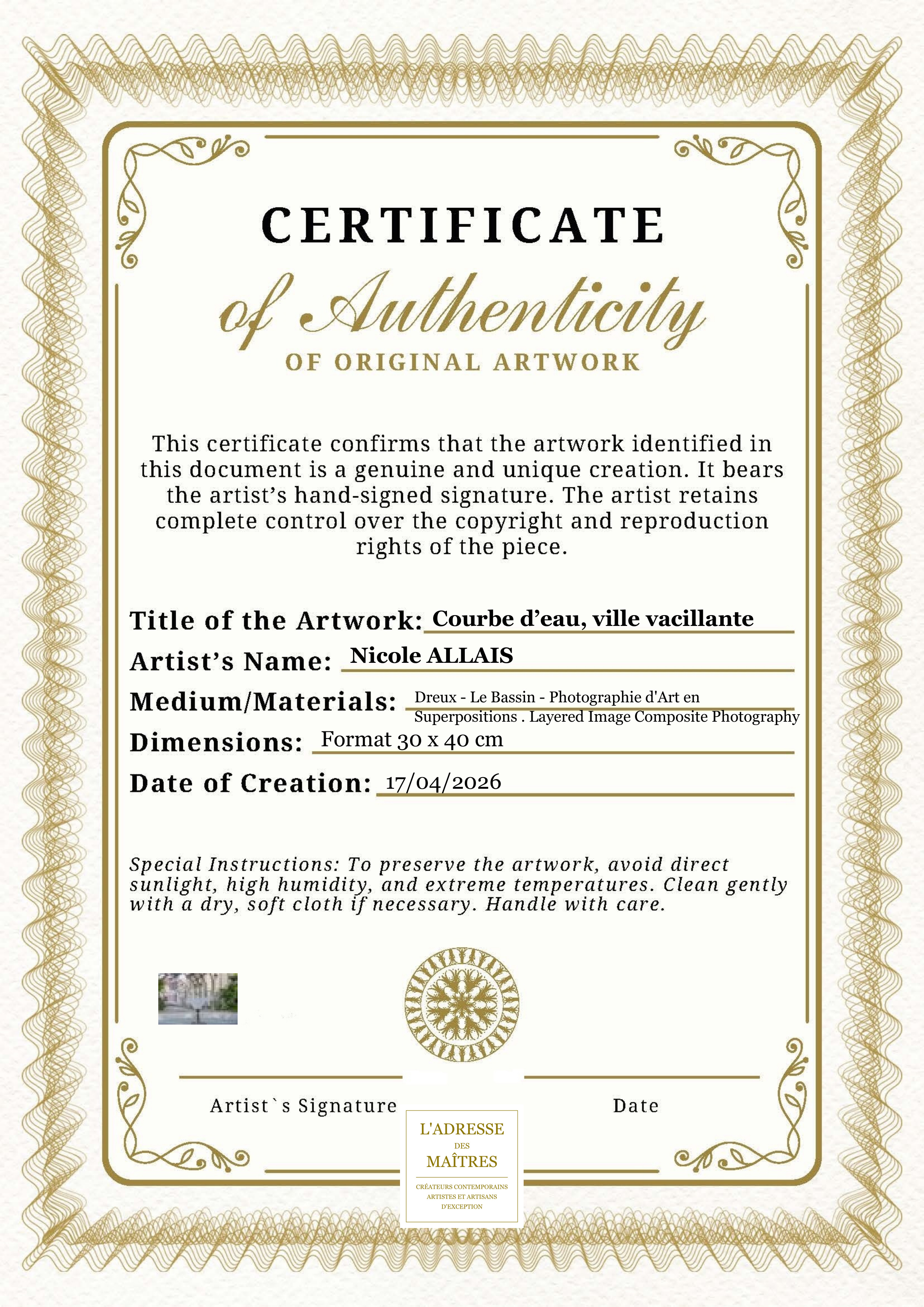 Certificat d'authenticité — Courbe d’eau, ville vacillante — Nicole ALLAIS
