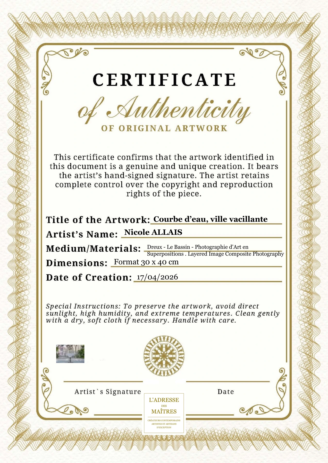 Certificat d'authenticité — Courbe d’eau, ville vacillante — Nicole ALLAIS