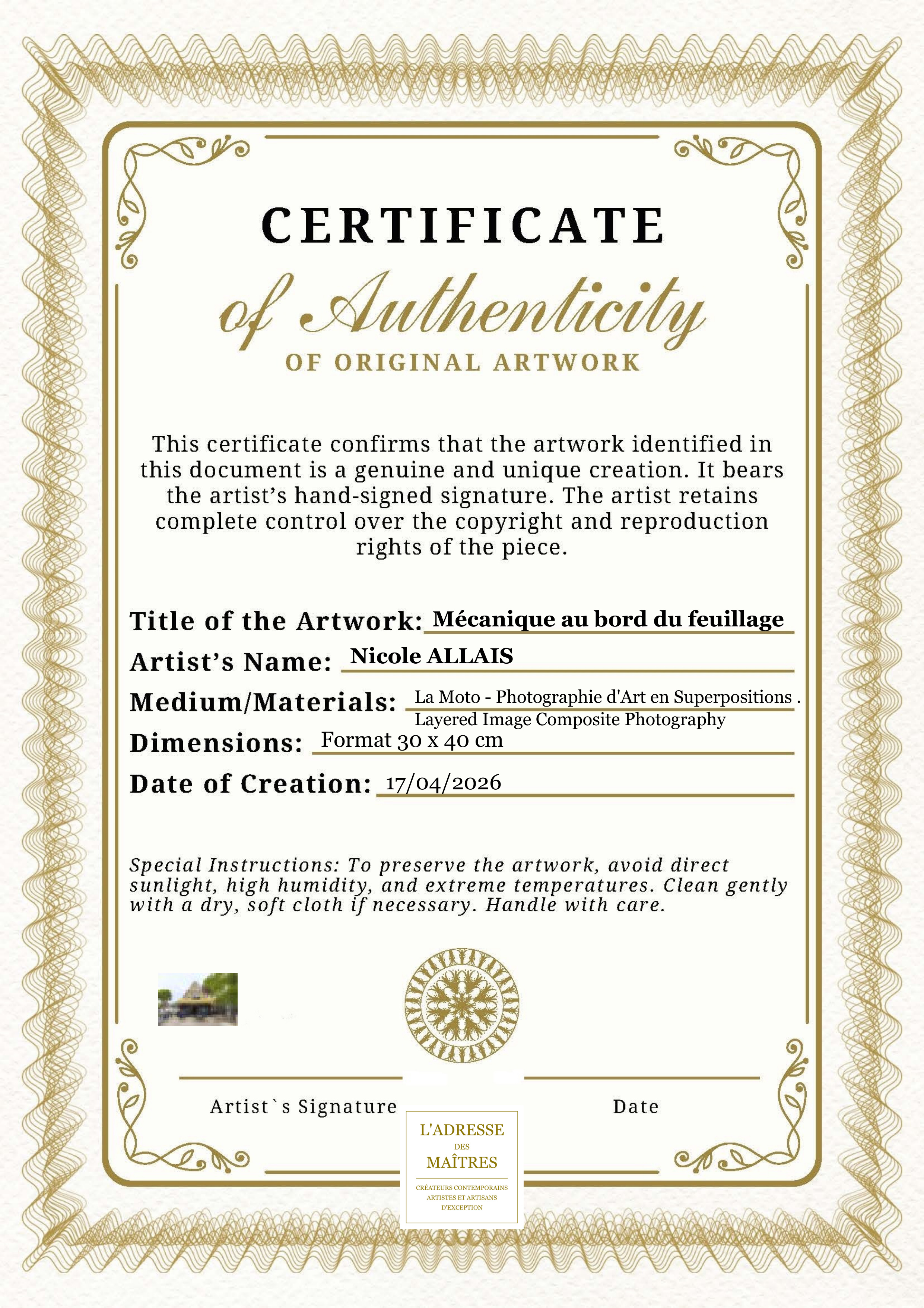 Certificat d'authenticité — Mécanique au bord du feuillage — Nicole ALLAIS