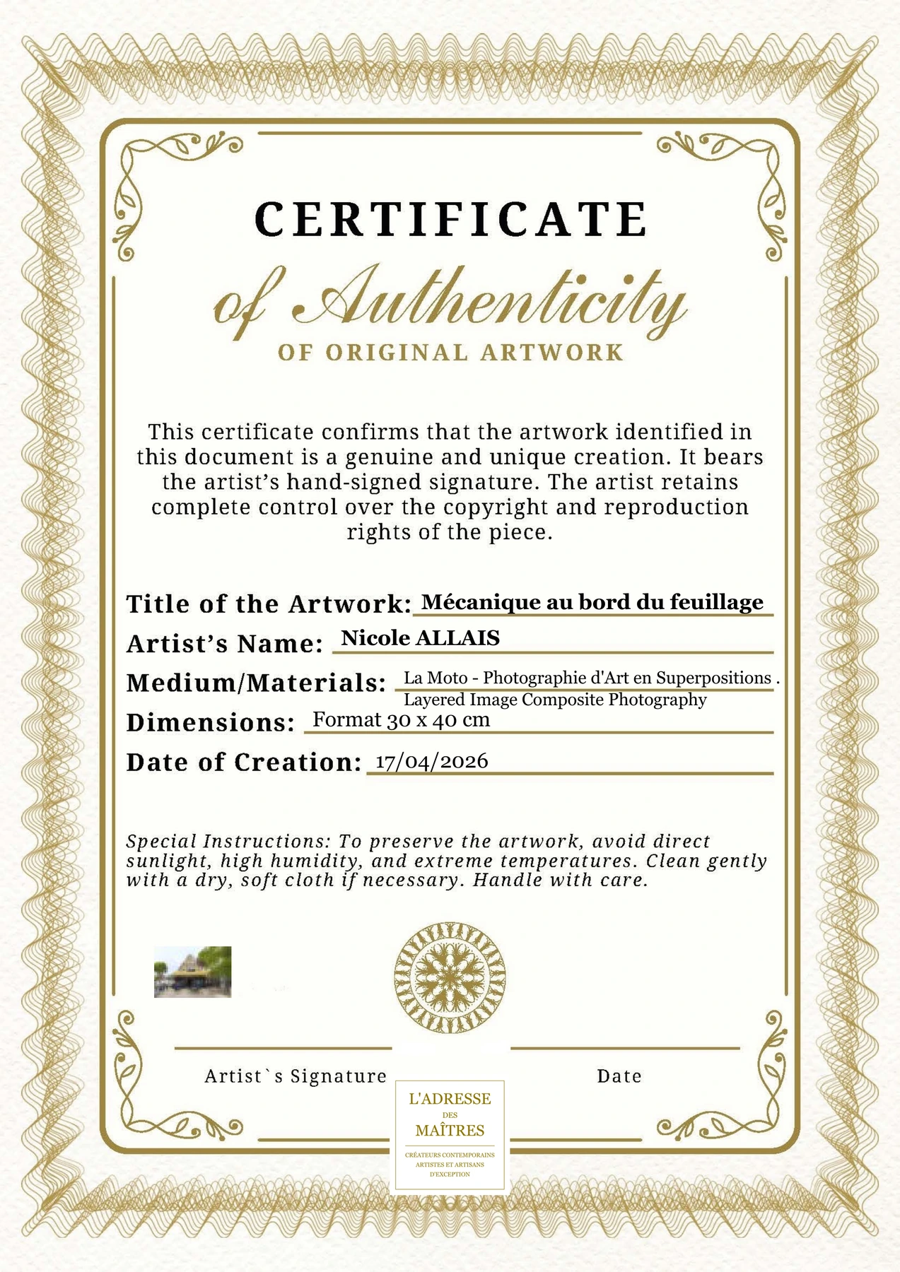 Certificat d'authenticité — Mécanique au bord du feuillage — Nicole ALLAIS