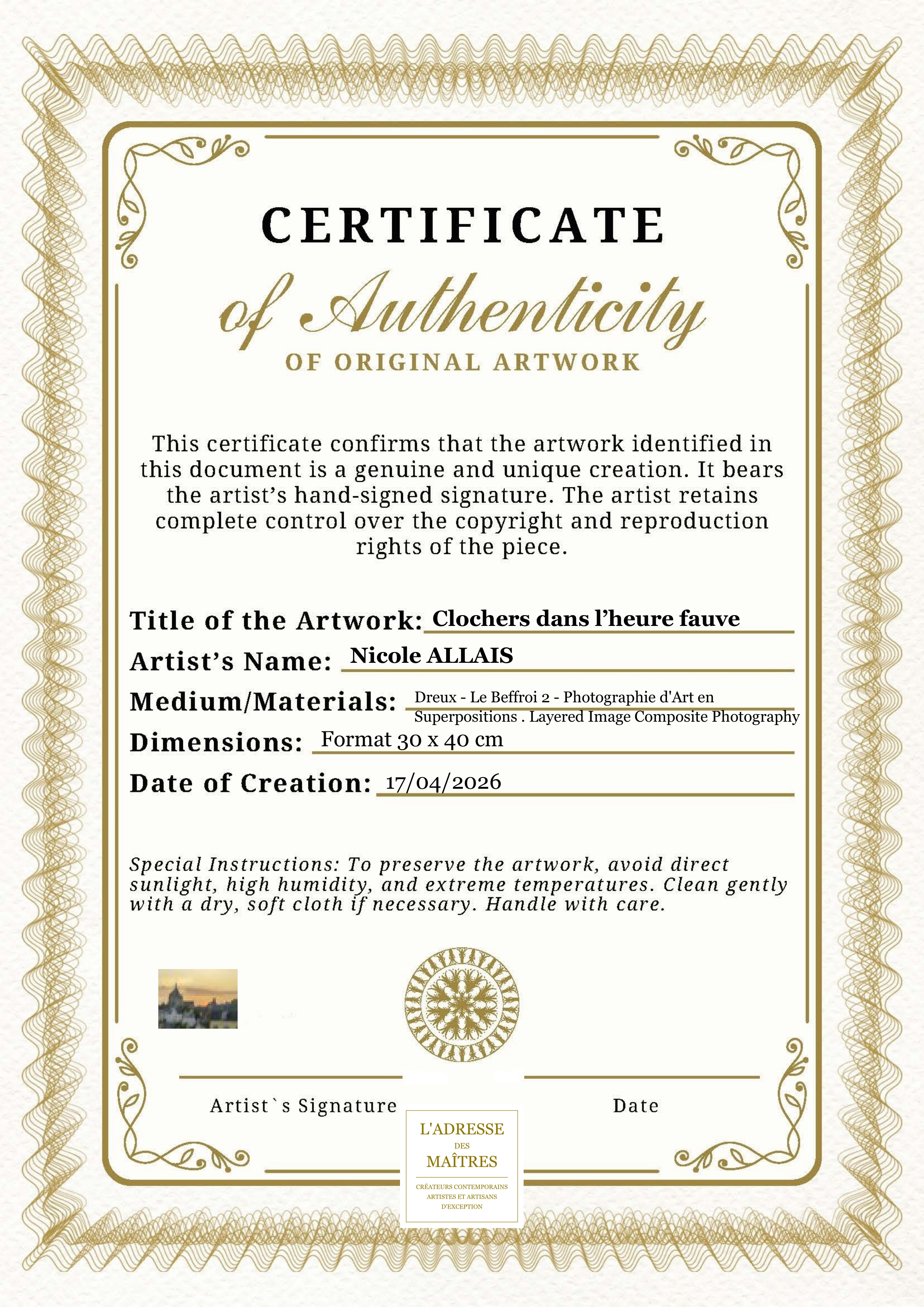 Certificat d'authenticité — Clochers dans l’heure fauve — Nicole ALLAIS