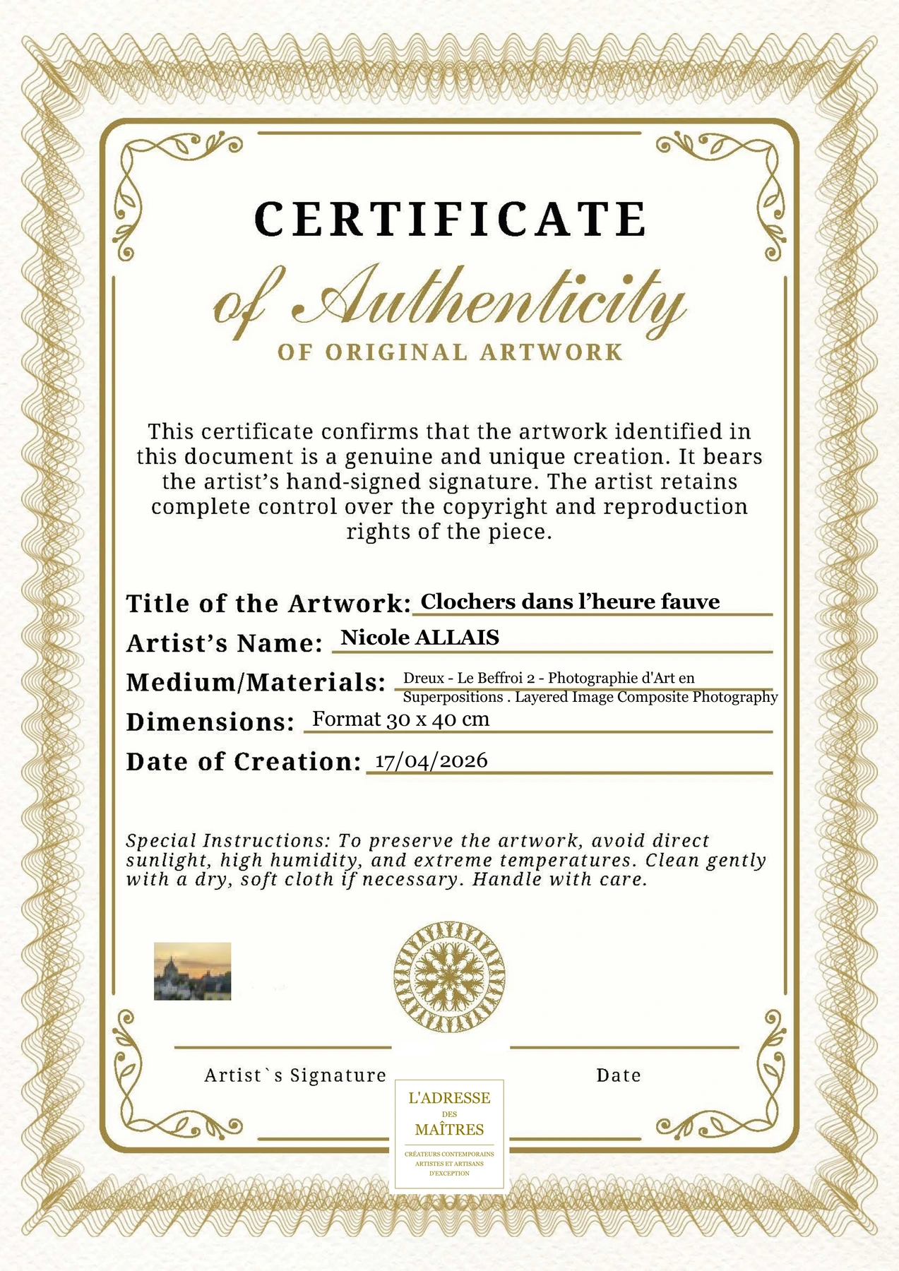 Certificat d'authenticité — Clochers dans l’heure fauve — Nicole ALLAIS
