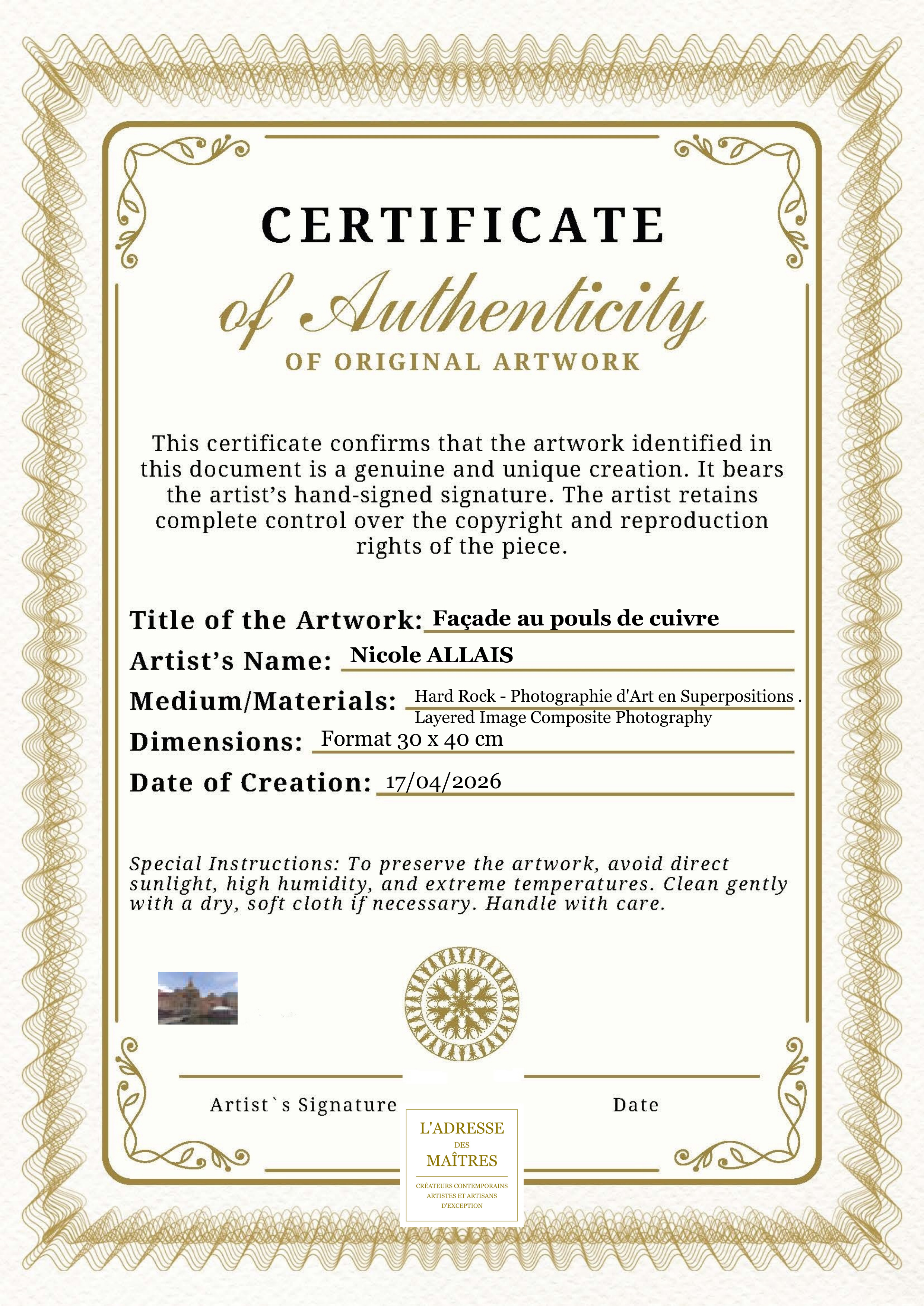 Certificat d'authenticité — Façade au pouls de cuivre — Nicole ALLAIS
