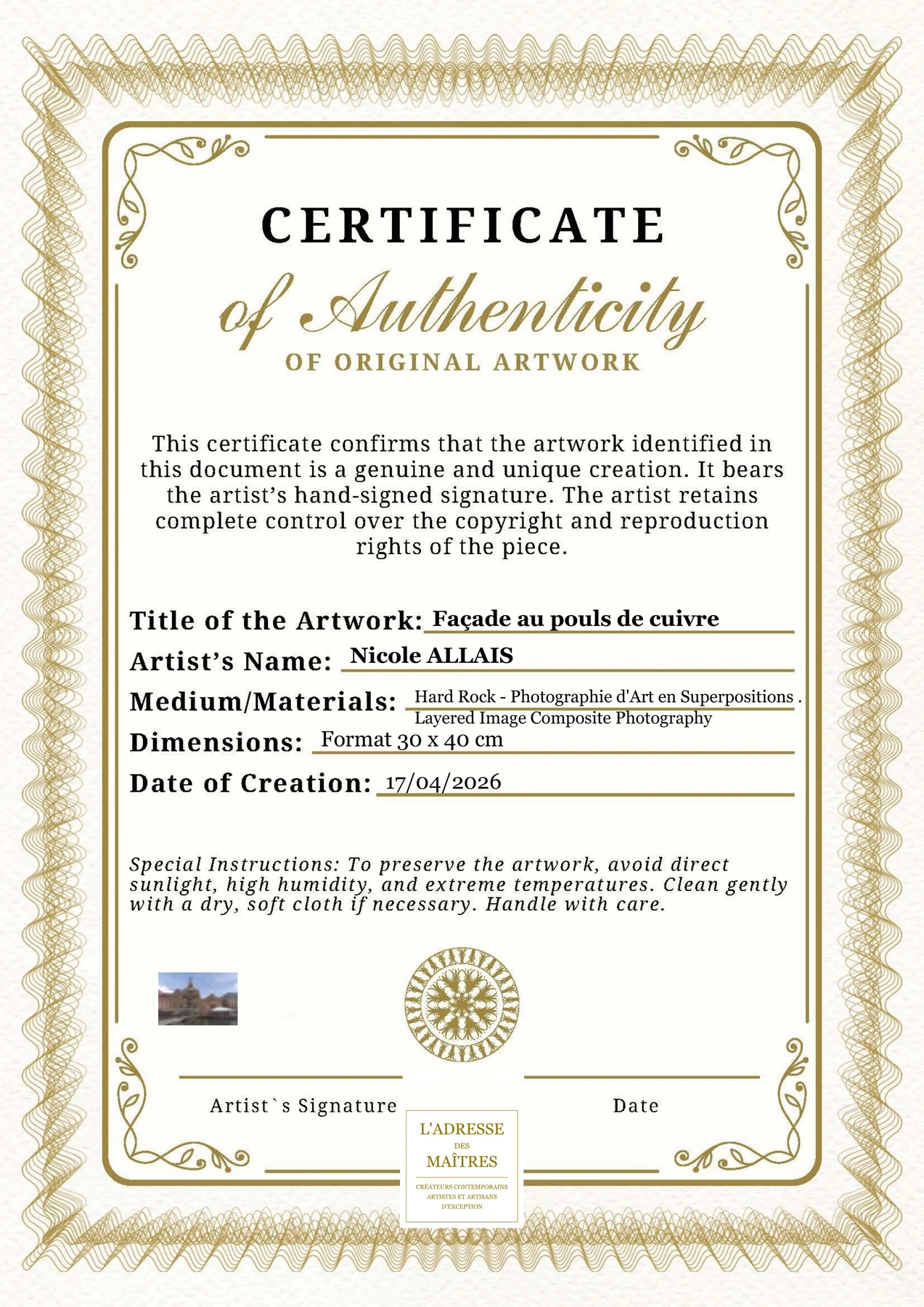 Certificat d'authenticité — Façade au pouls de cuivre — Nicole ALLAIS