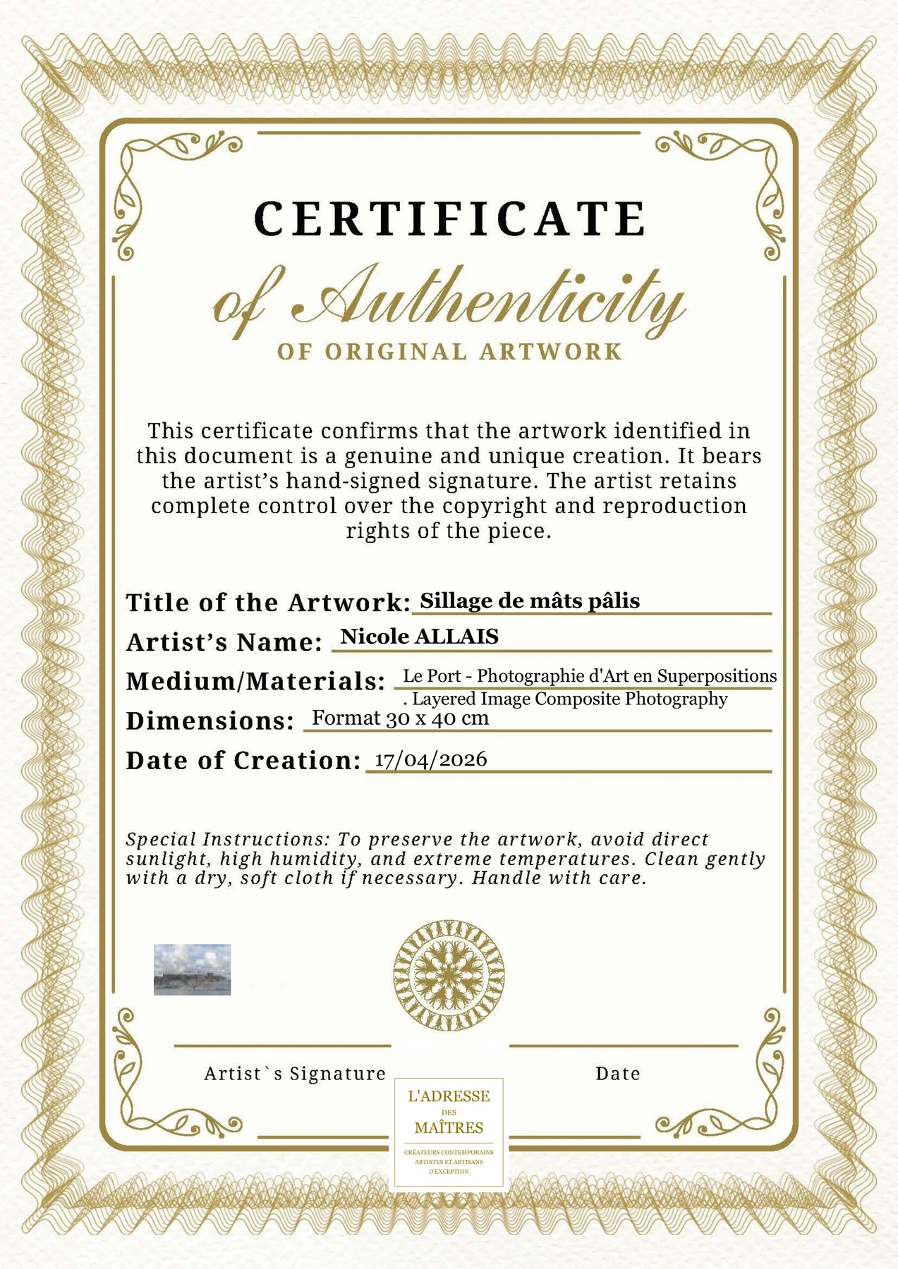 Certificat d'authenticité — Sillage de mâts pâlis — Nicole ALLAIS