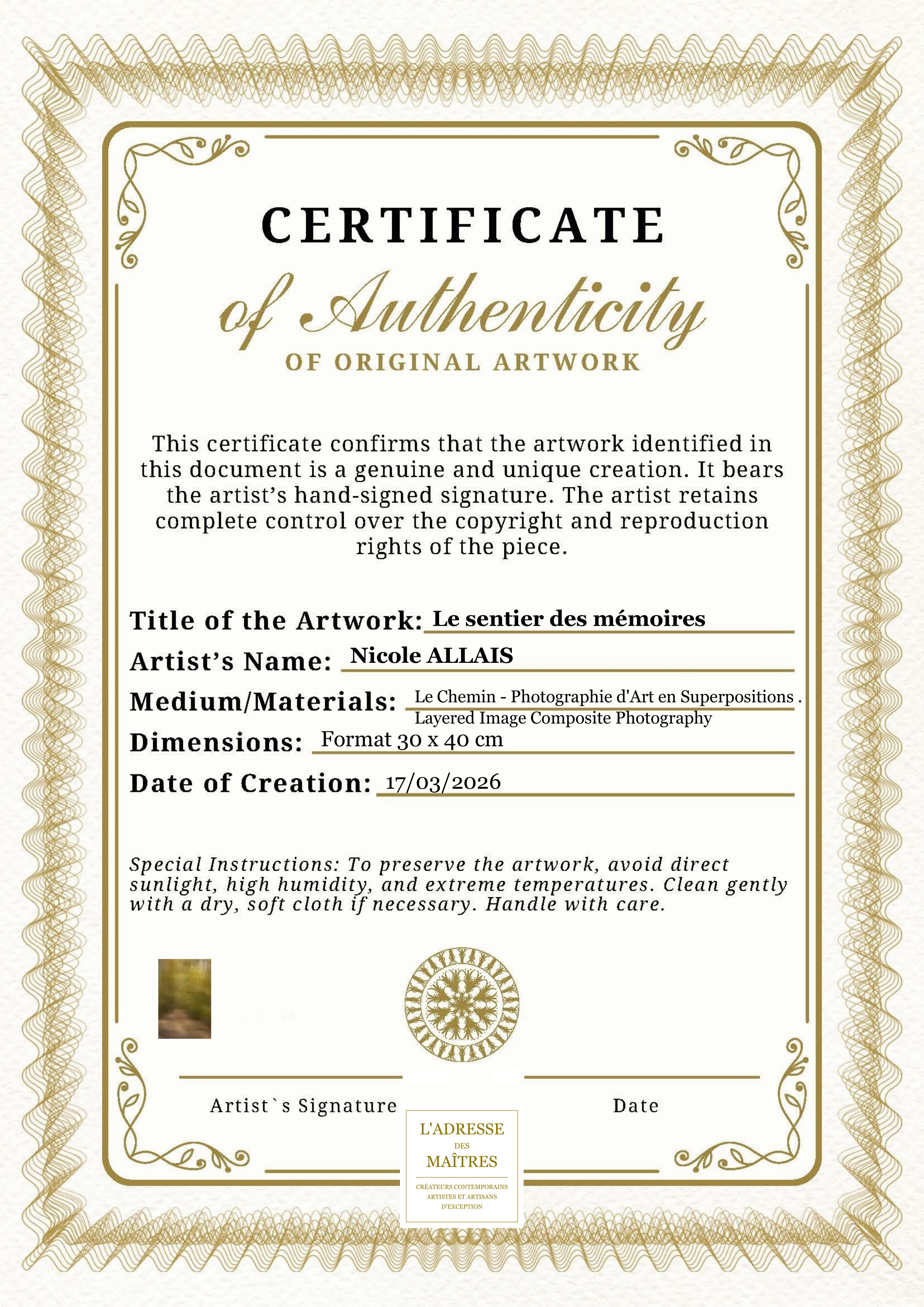 Certificat d'authenticité — Le sentier des mémoires — Nicole ALLAIS