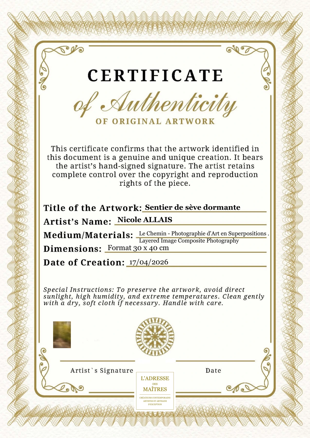 Certificat d'authenticité — Sentier de sève dormante — Nicole ALLAIS