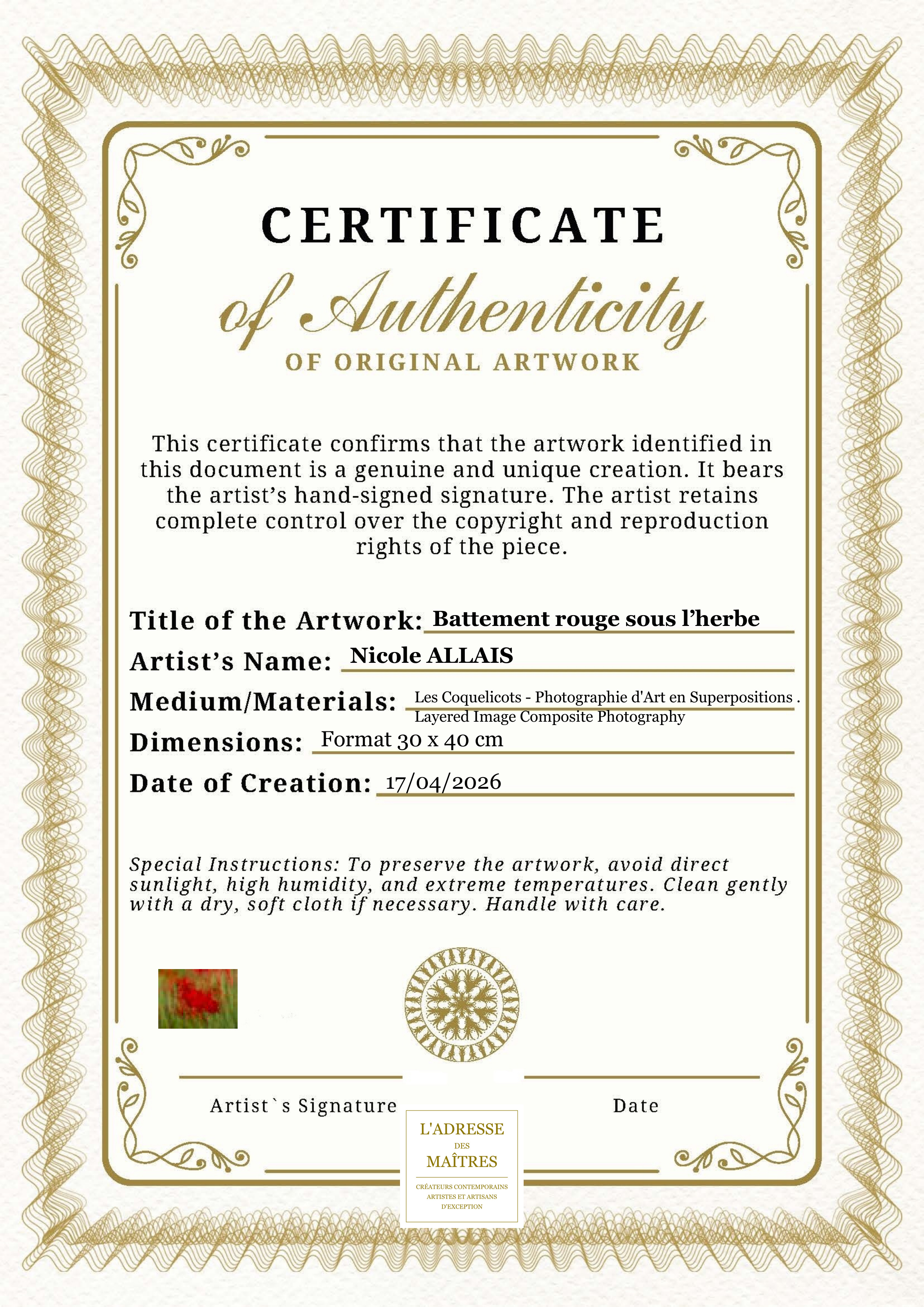 Certificat d'authenticité — Battement rouge sous l’herbe — Nicole ALLAIS