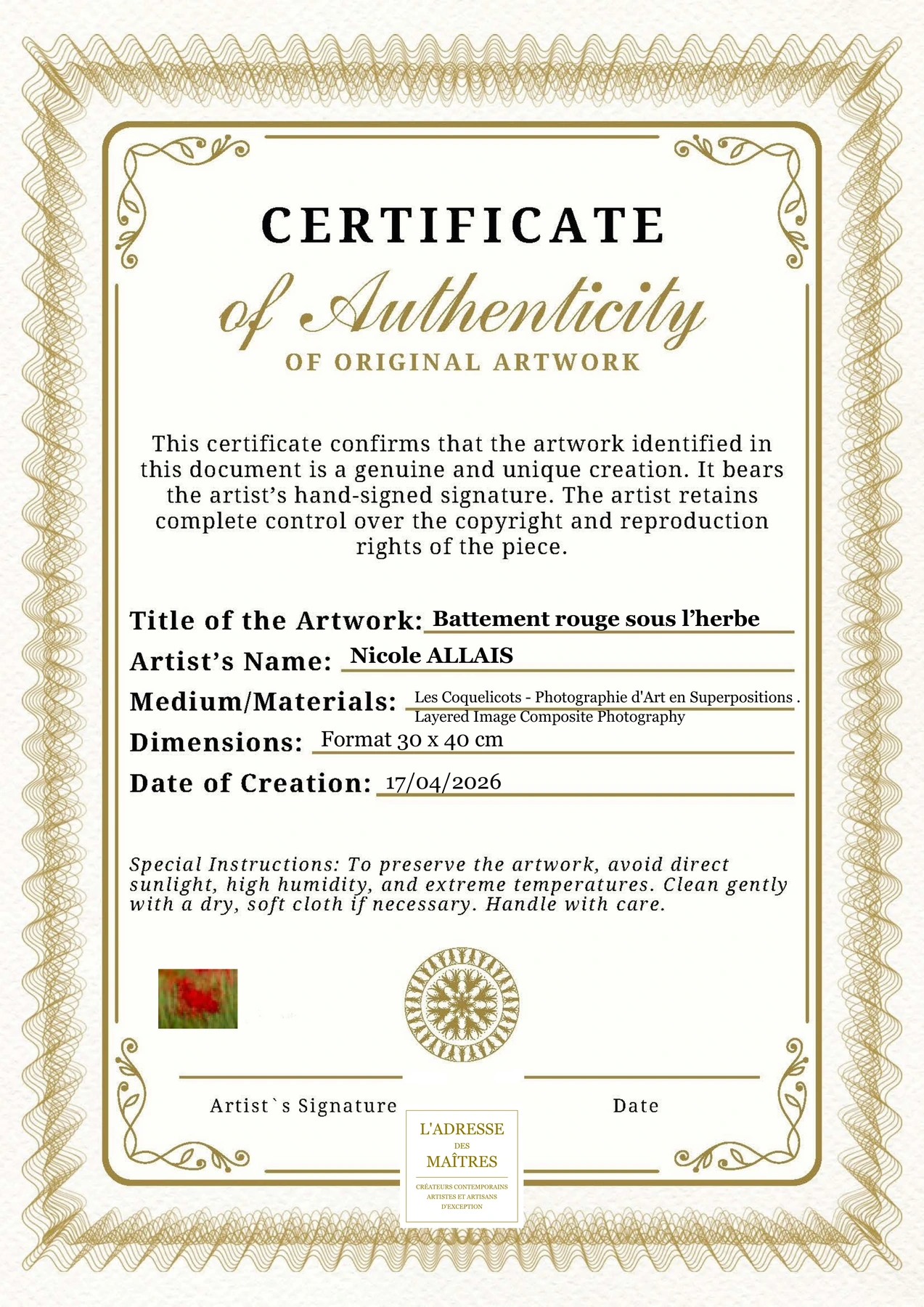 Certificat d'authenticité — Battement rouge sous l’herbe — Nicole ALLAIS